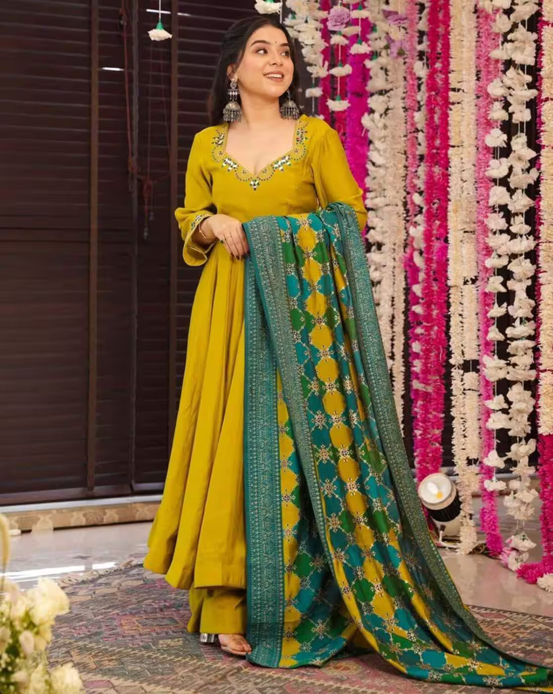 Aromie mustard three piece kurtha with green printed dupatta on festive stage listing also offers maroon embroidered kurta set