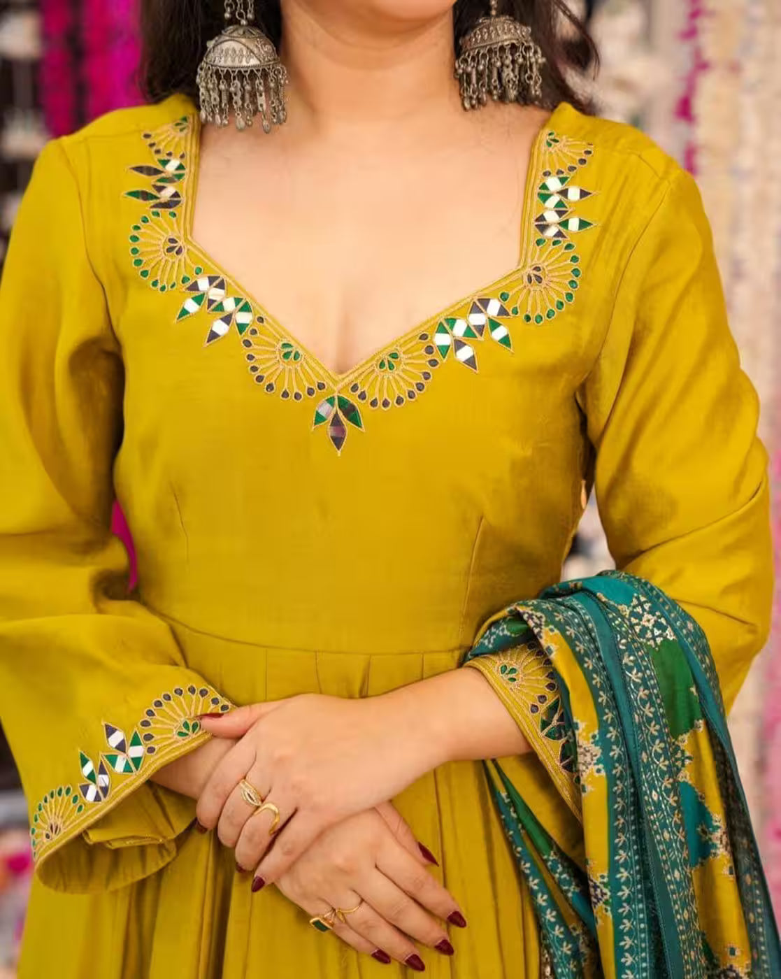 Aromie maroon embroidered kurta set listing shown as mustard kurta with mirror embroidery neckline bell sleeves and green dupatta