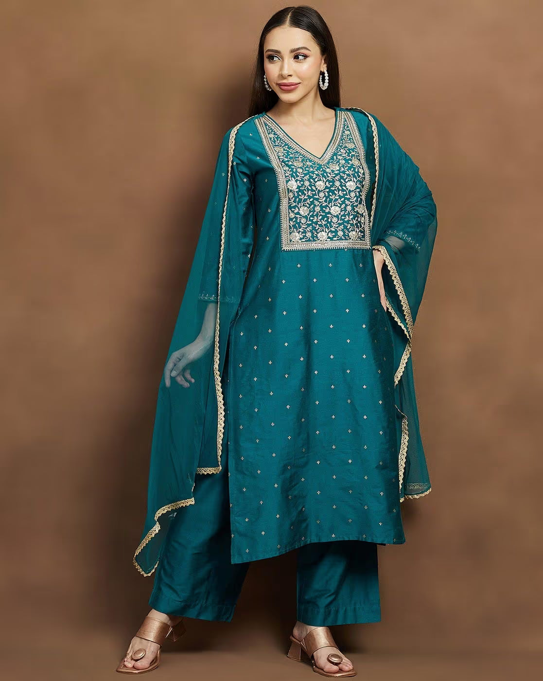 Women Embroidered Straight Kurta Suit Set