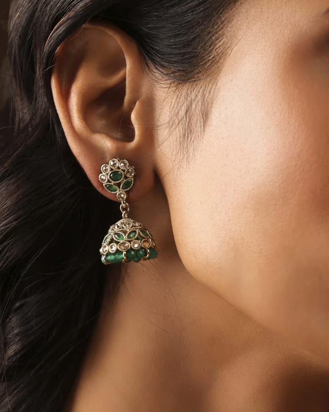 Women Oxidised Stone-Studded Beaded Jhumka Earrings | FS