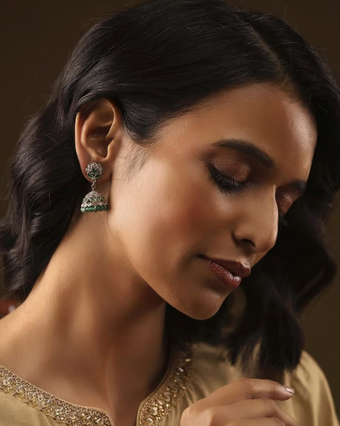 Women Oxidised Stone-Studded Beaded Jhumka Earrings | FS