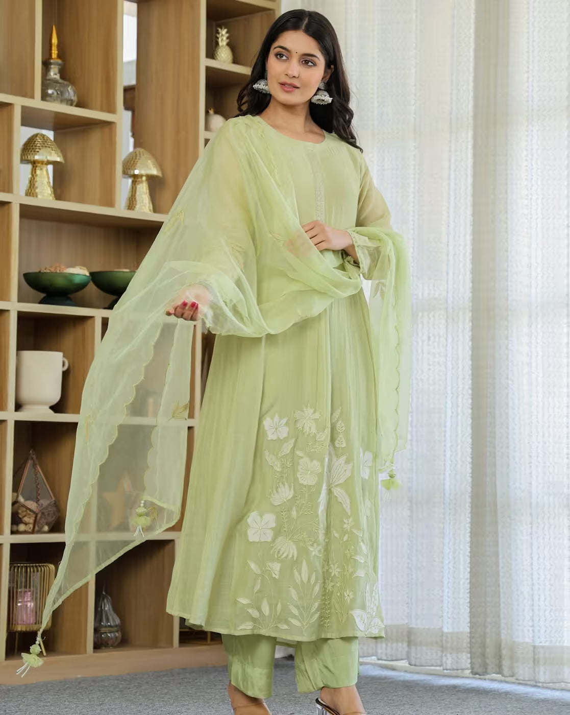 Aromie Embroidery A-Line Kurta Set in Elegant Green