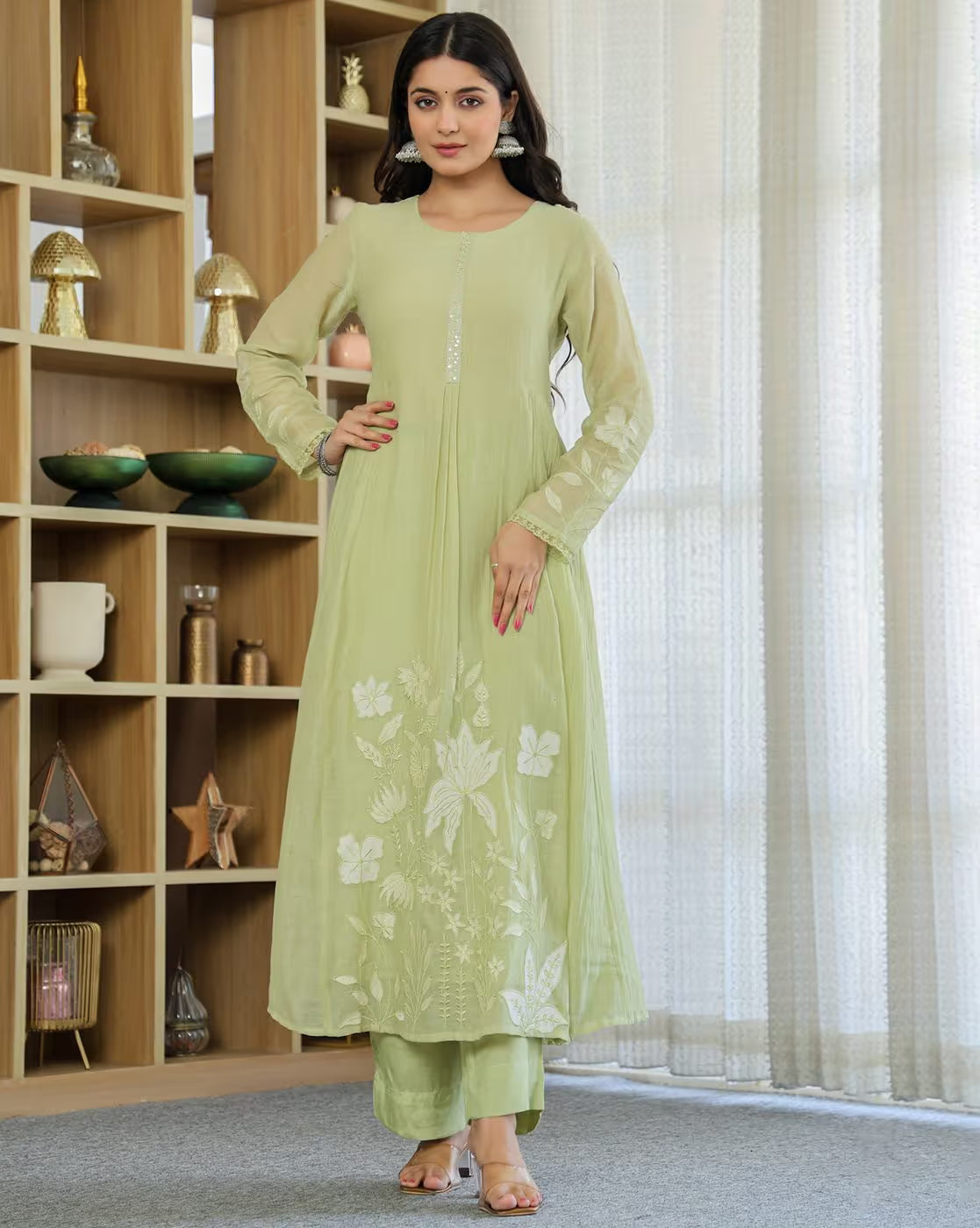 Aromie Embroidery A-Line Kurta Set in Elegant Green