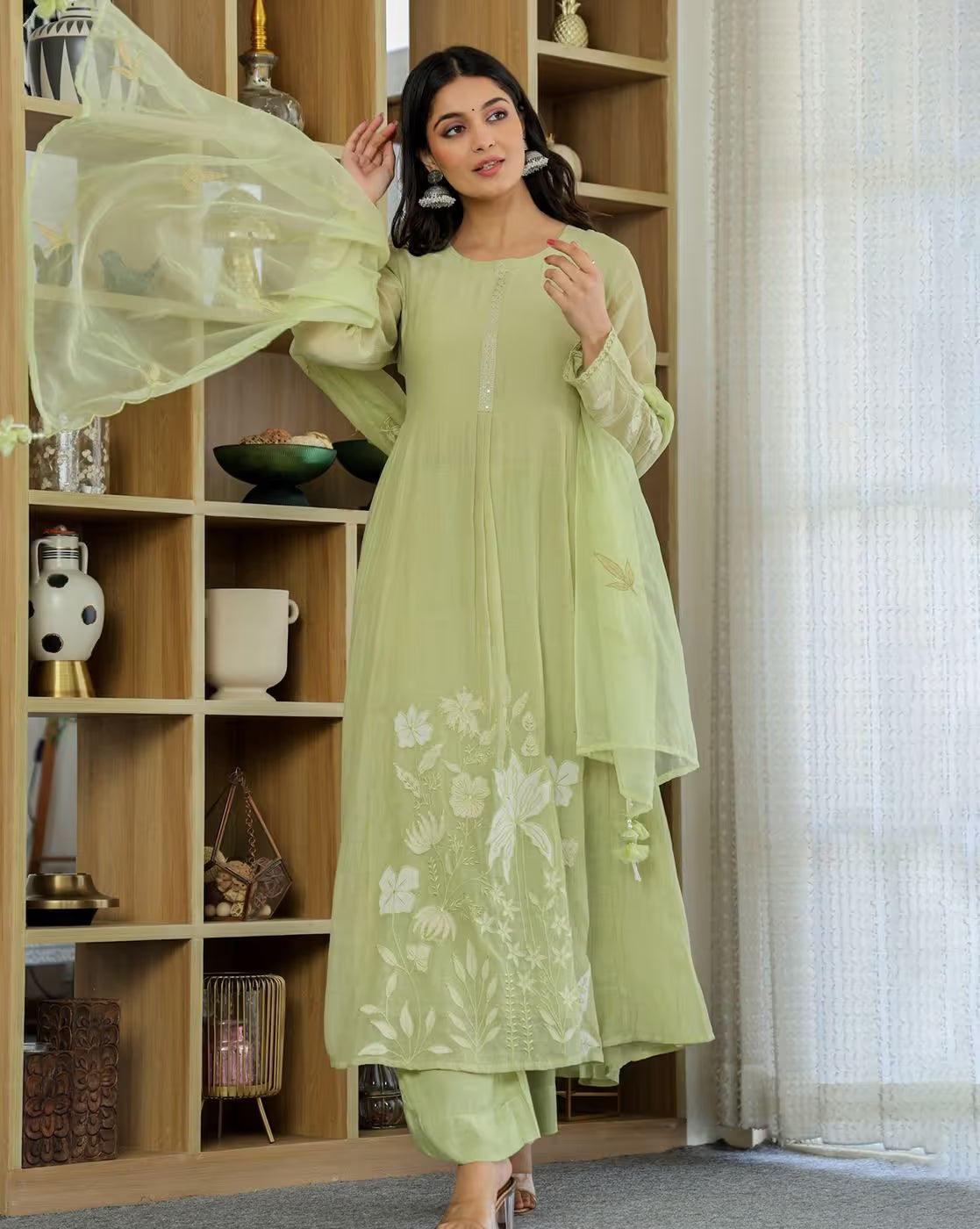 Aromie Embroidery A-Line Kurta Set in Elegant Green