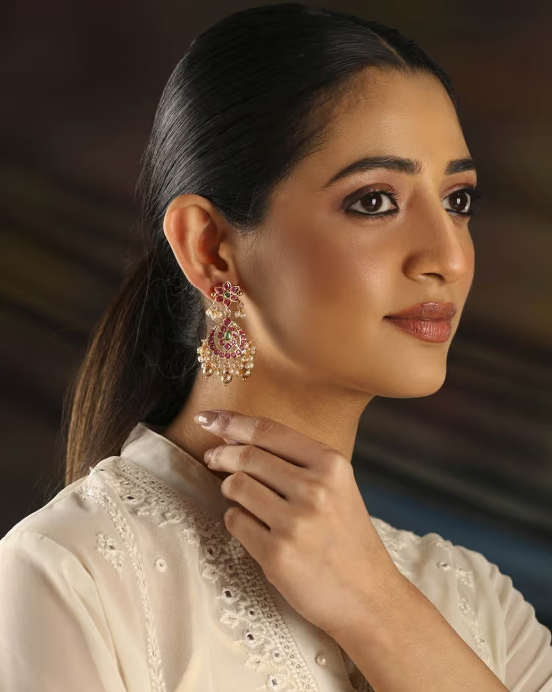 Women Kundan-Studded Chandbali Earrings | FS