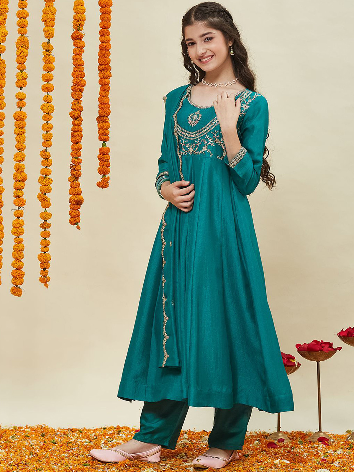 Girls Silk Embroidered Anarkali Kurta and Pant Set with Dupatta