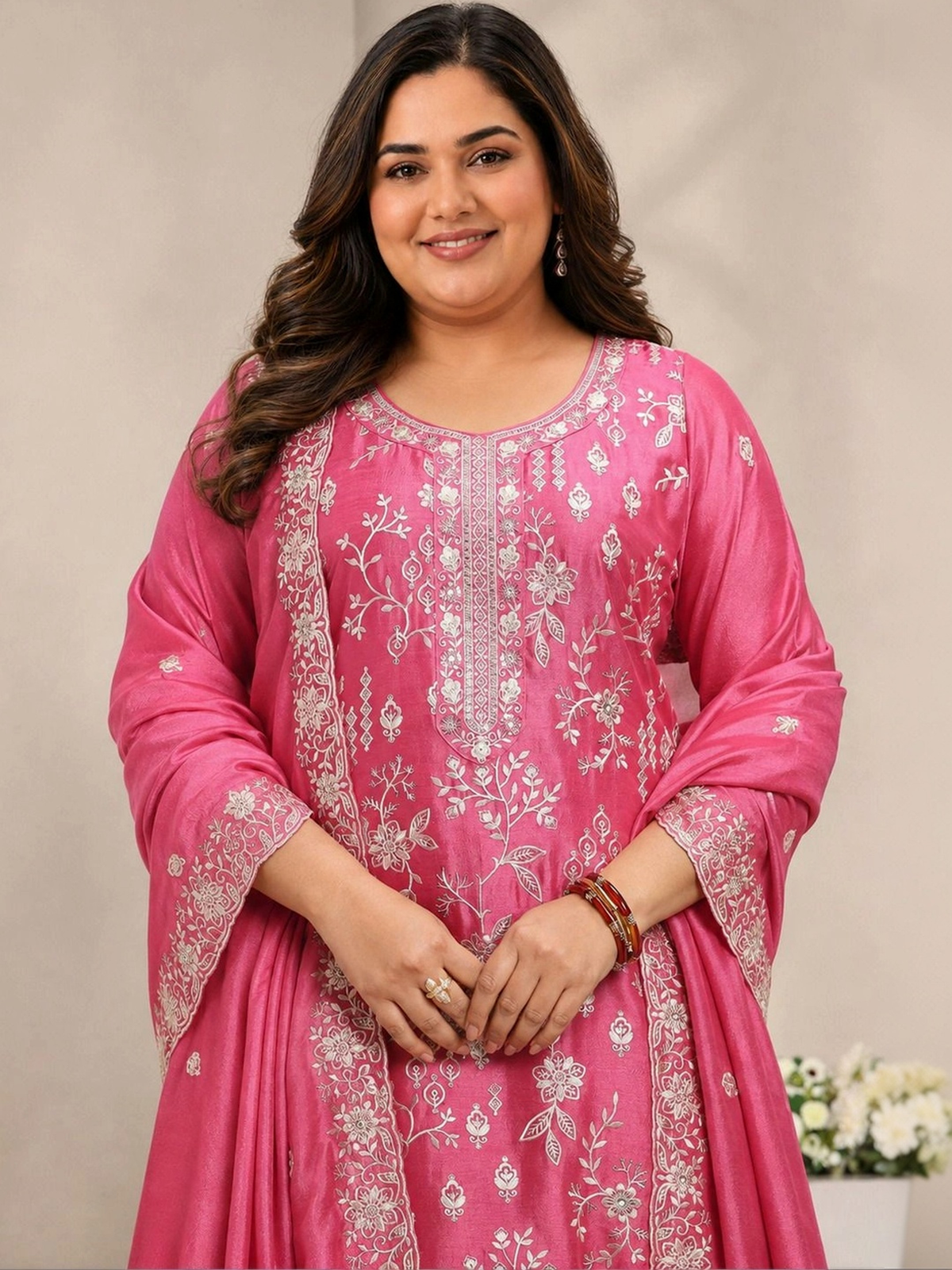 Pink Embroidered Silk Blend Kurta Set with Trousers & Dupatta aromie