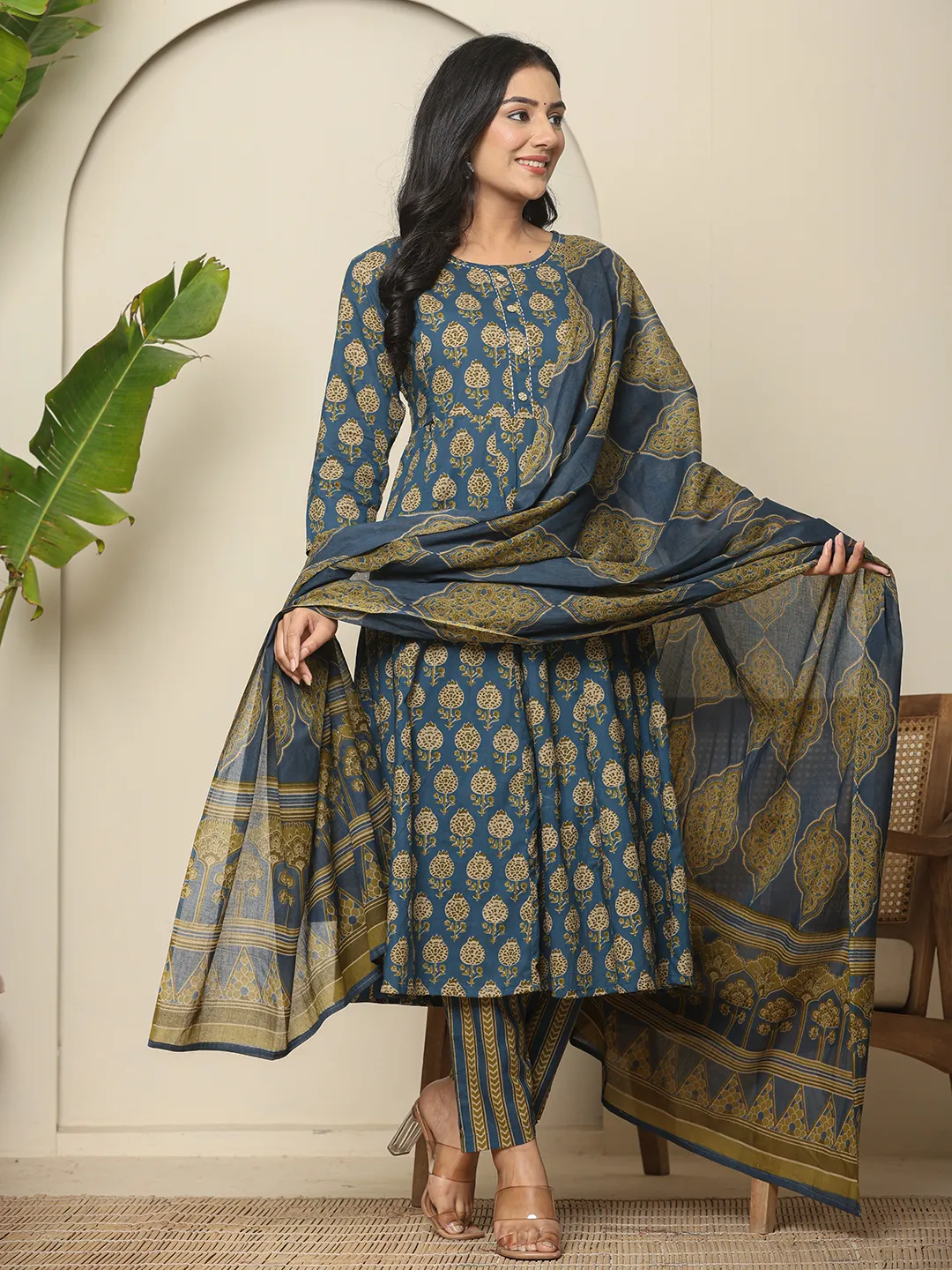 Blue Floral Printed Pure Cotton Maternity Kurta Set with Trousers & Dupatta