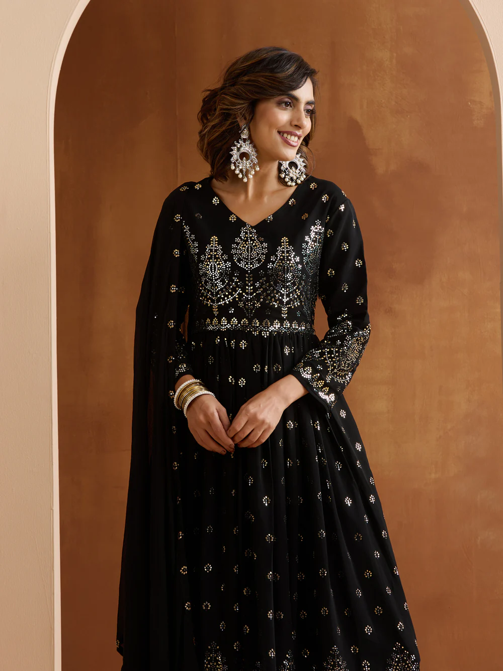 Graceful Black poly georgette foil embossed anarkali fit kurta set with dupatta