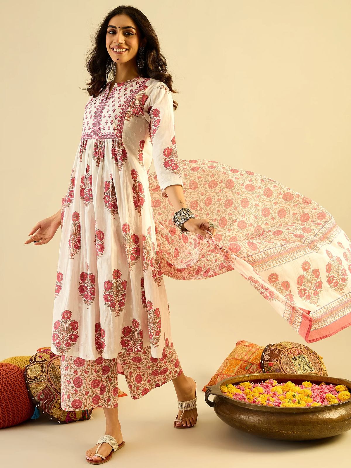 White Printed Pure Cotton Kurta Palazzo Set with Dupatta