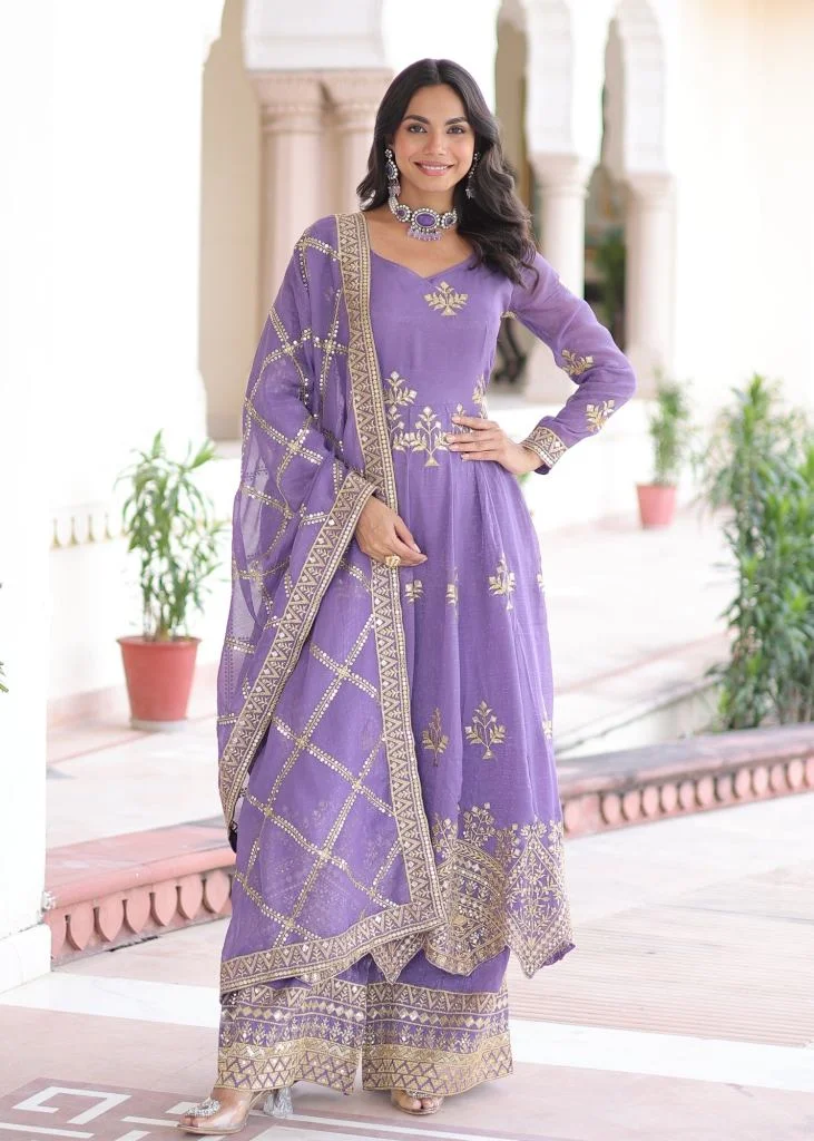 Anarkali Gown Silver Crunchy With Embroidery