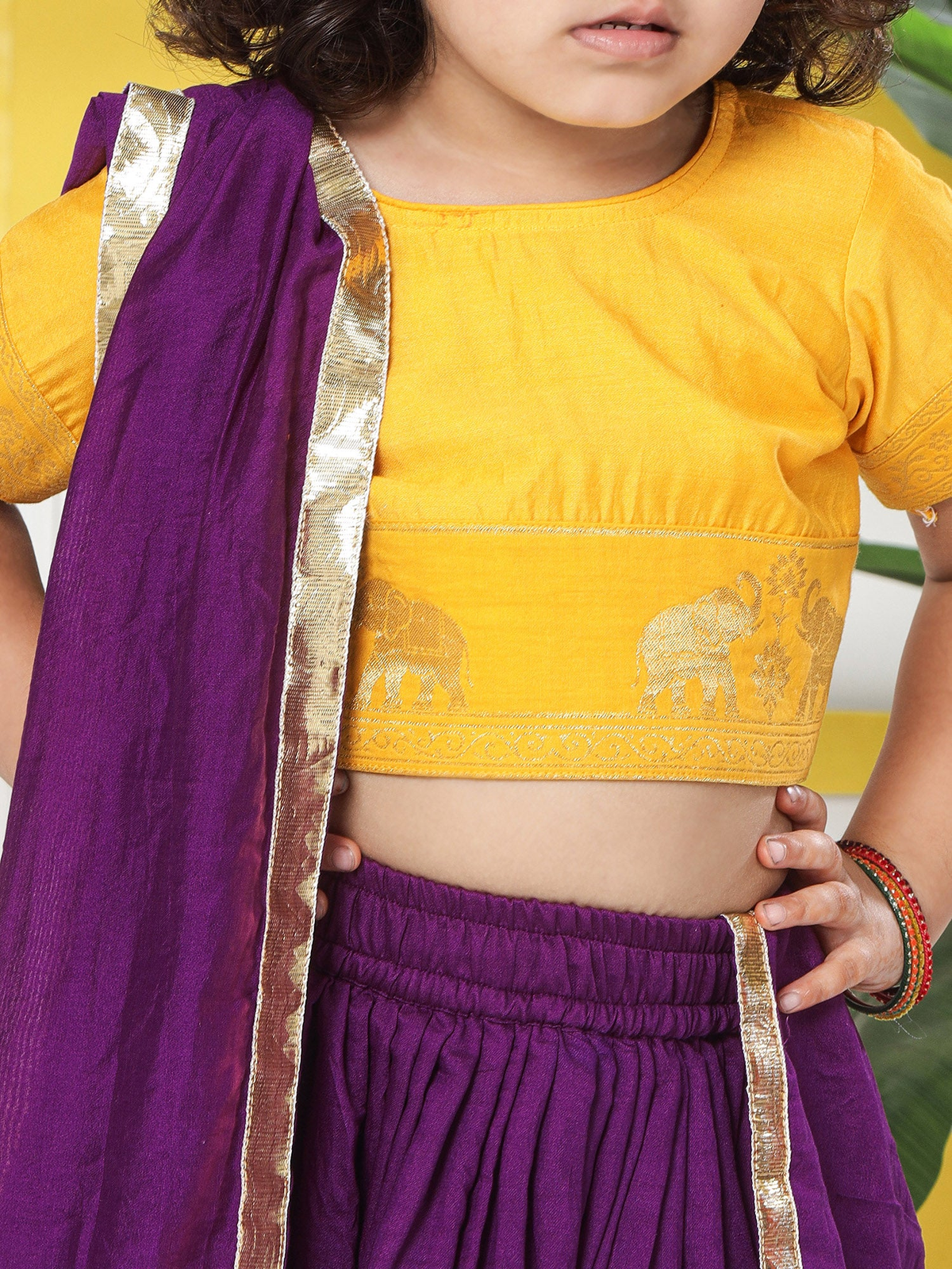 Purple Elephant Zari Embroidery Chanderi Cotton Lehenga with Stitched Yellow Blouse Set