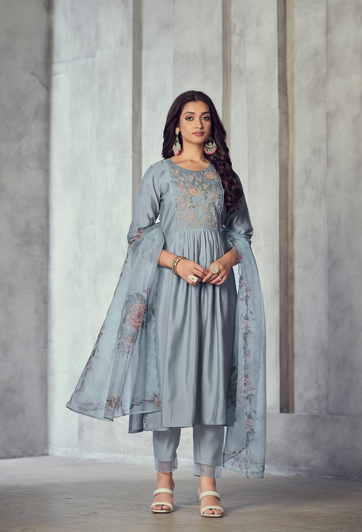 Powder blue cotton embordered kurta sets