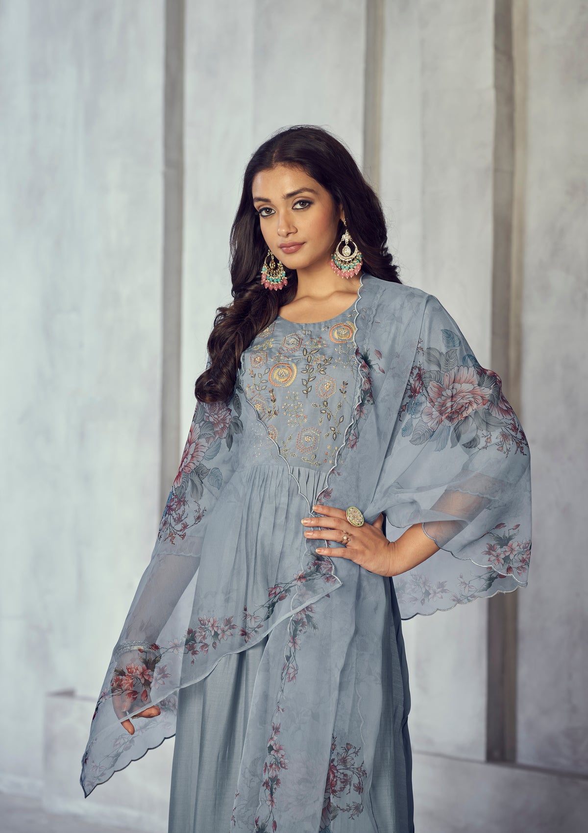 Powder blue cotton embordered kurta sets