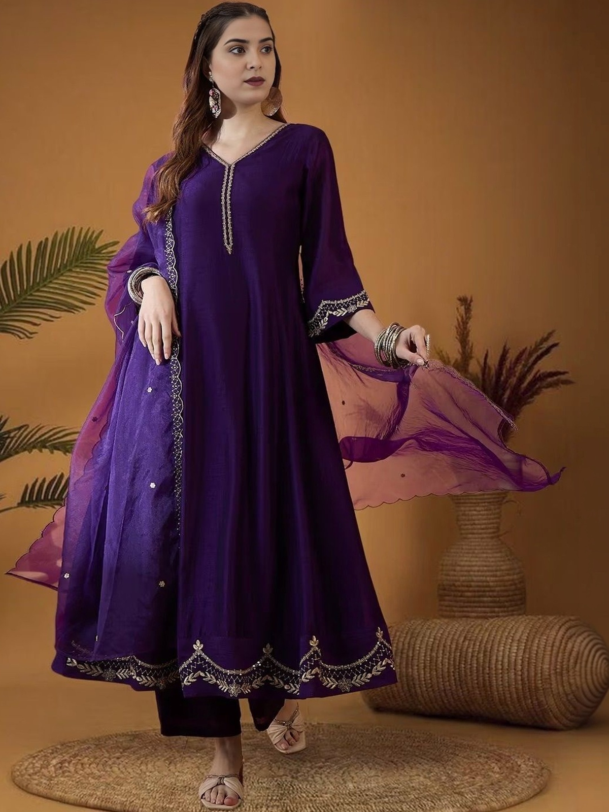Women Ethnic Motifs Embroidered Panelled Thread Work Kurta with Trousers & With Dupatta
