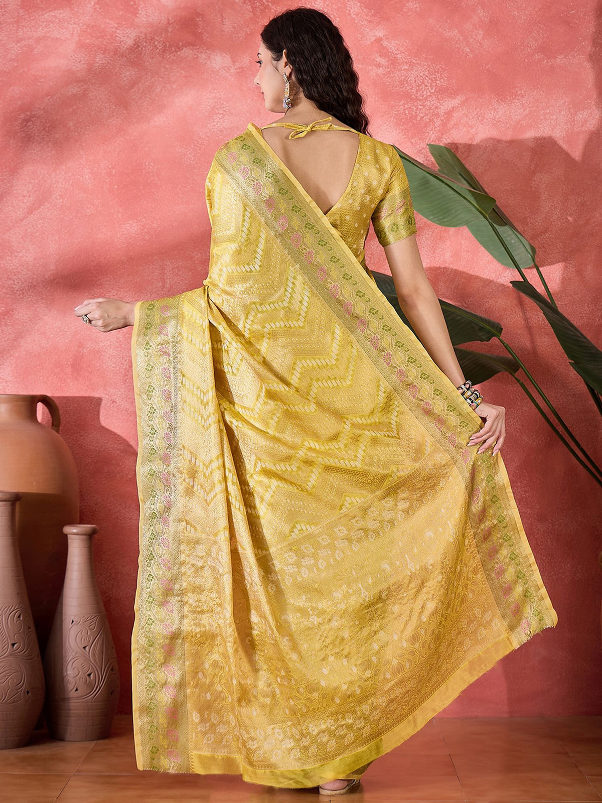 Yellow Silk Blend Saree with Ethnic Motif Weave & Zari Border