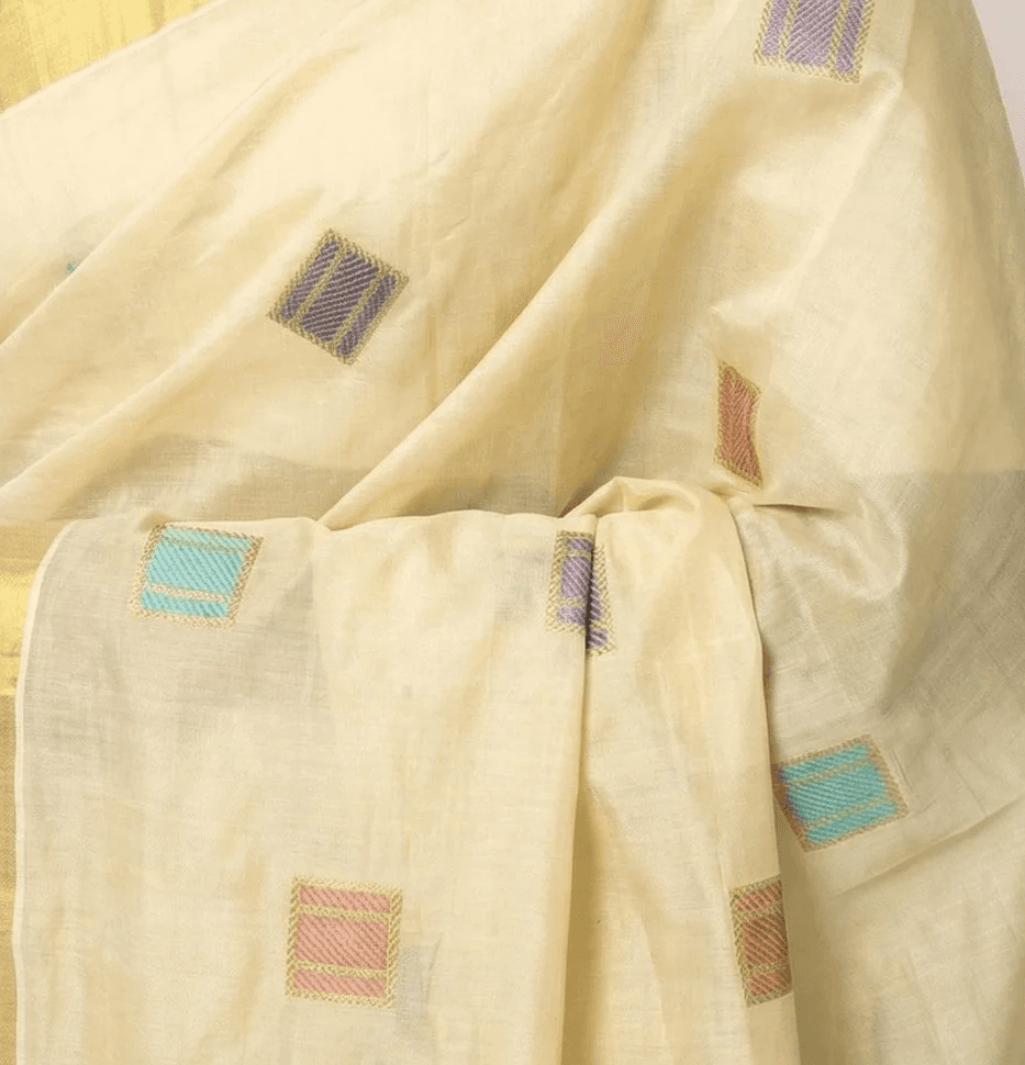 Cotton Cream Saree with Multicolor Geometric Motifs and Golden Border Set Saree