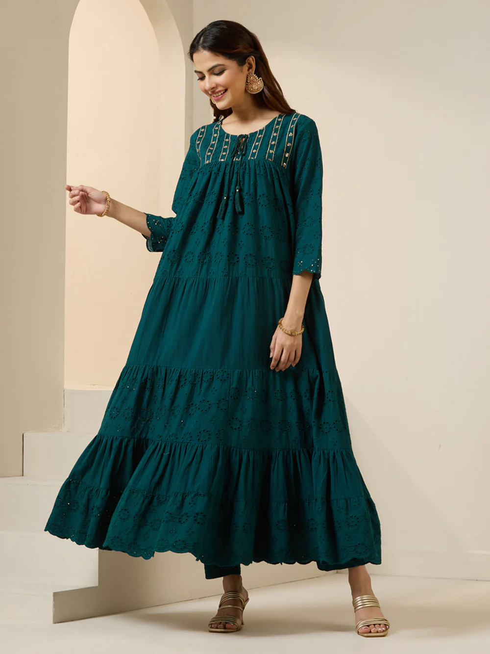 Graceful Green Cotton Blend Schiffli Zari Embroidery Tiered Fit kurta set with dupatta