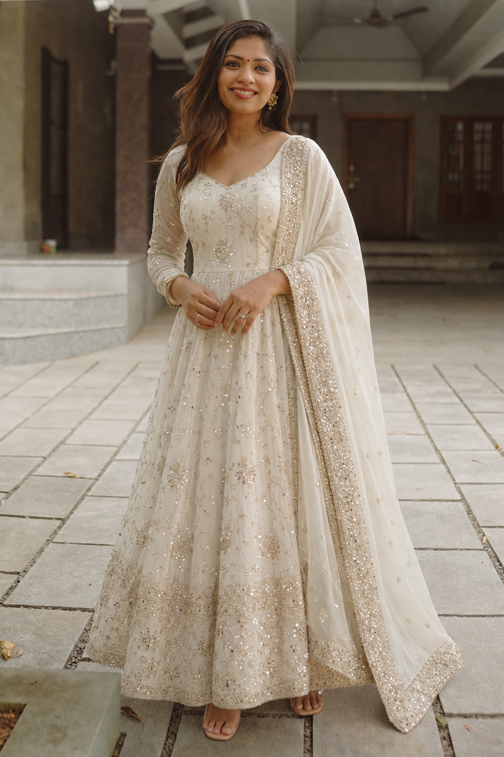 Aromie White Georgette Anarkali Gown - Elegant Three Piece Set