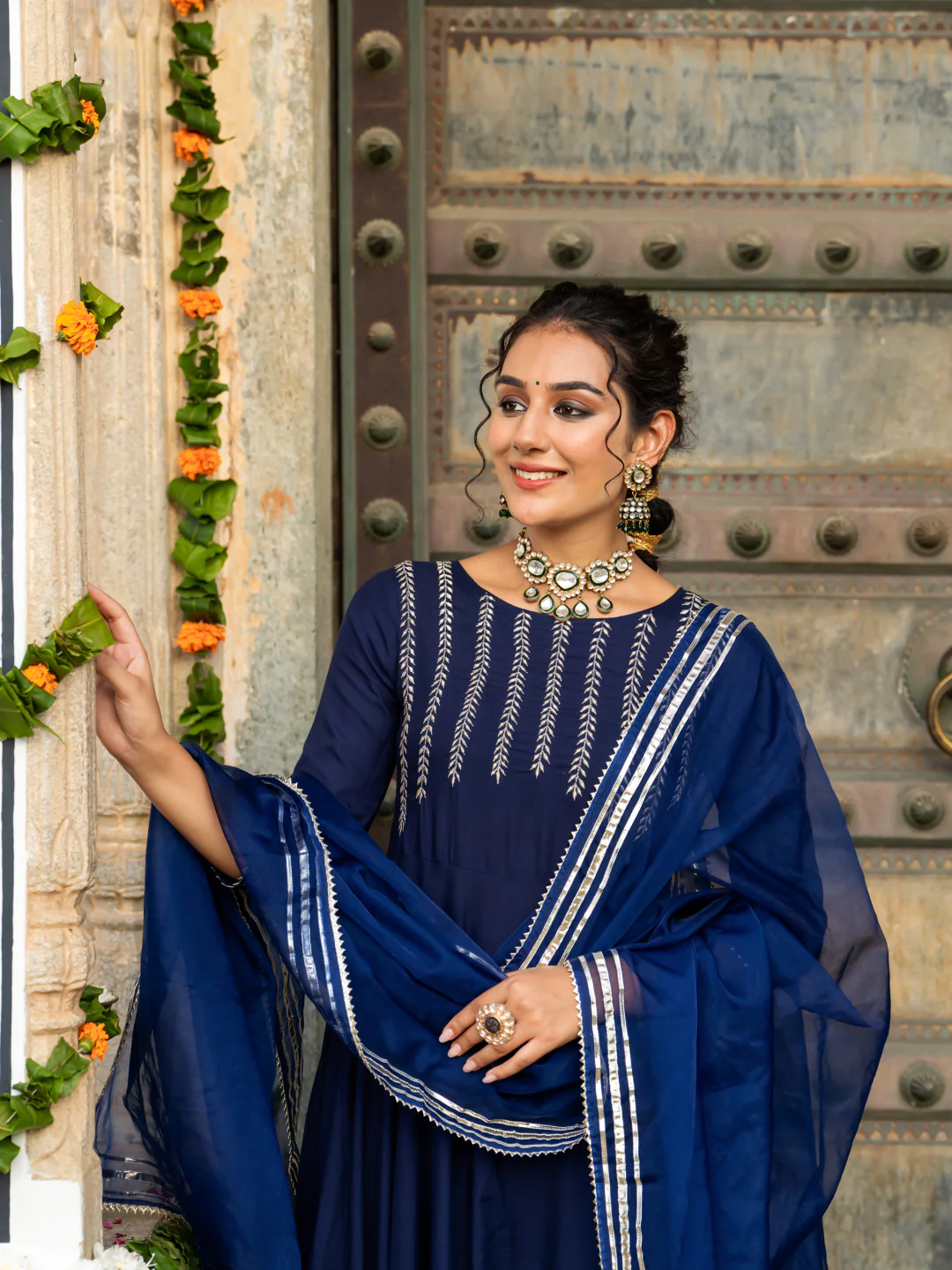 Navy Blue Rayon Festive Suit Set with Dupatta