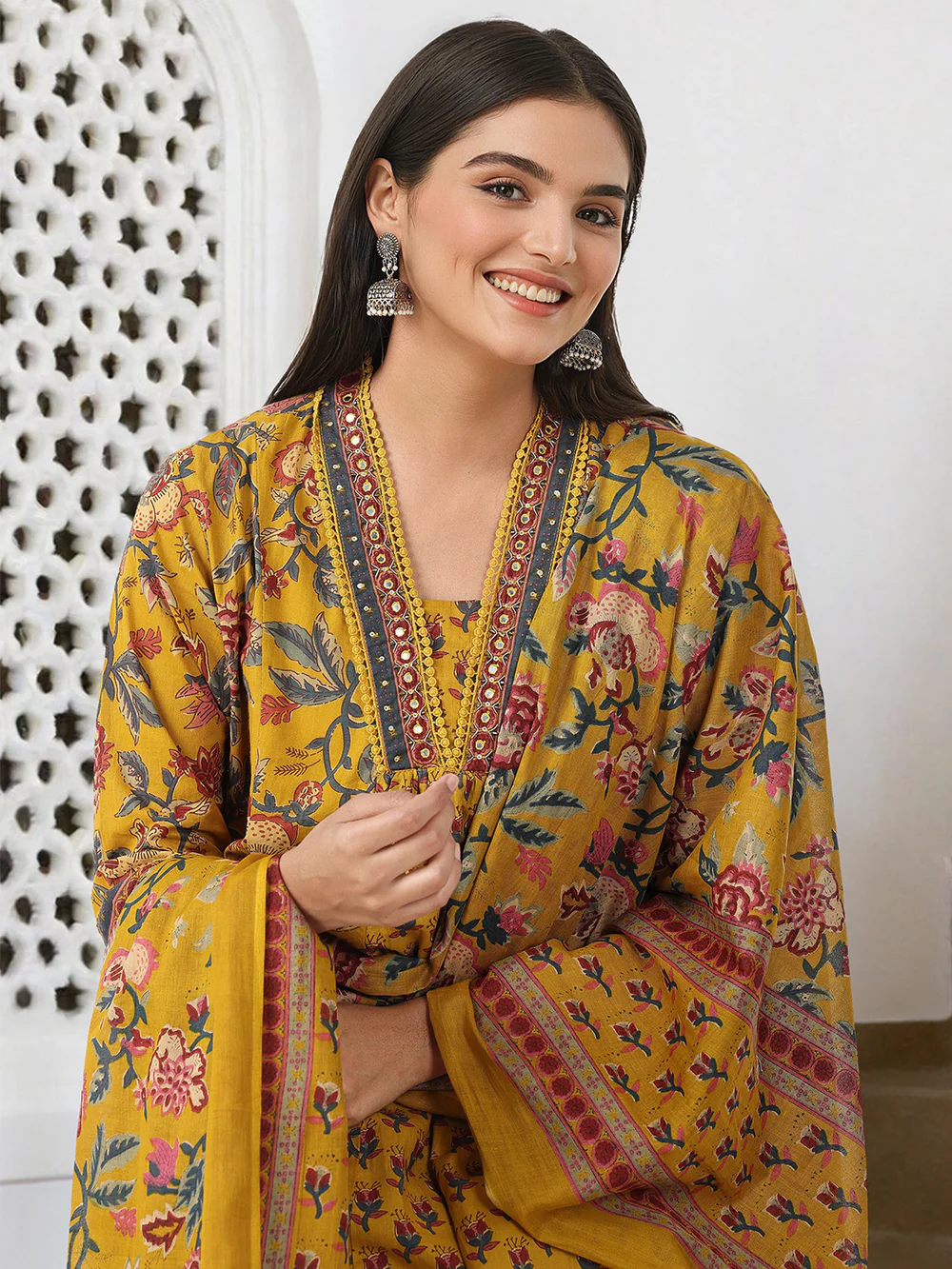 Comfy Mustard Pure Cotton Floral Print Anarkali fit kurta set with dupatta