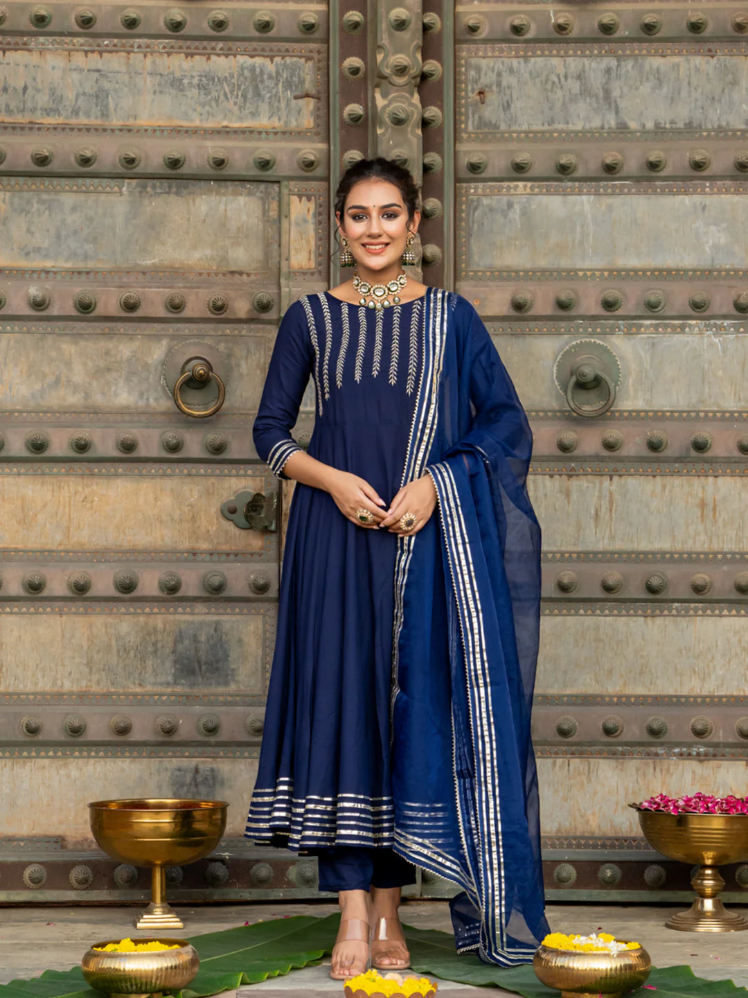 Navy Blue Rayon Festive Suit Set with Dupatta