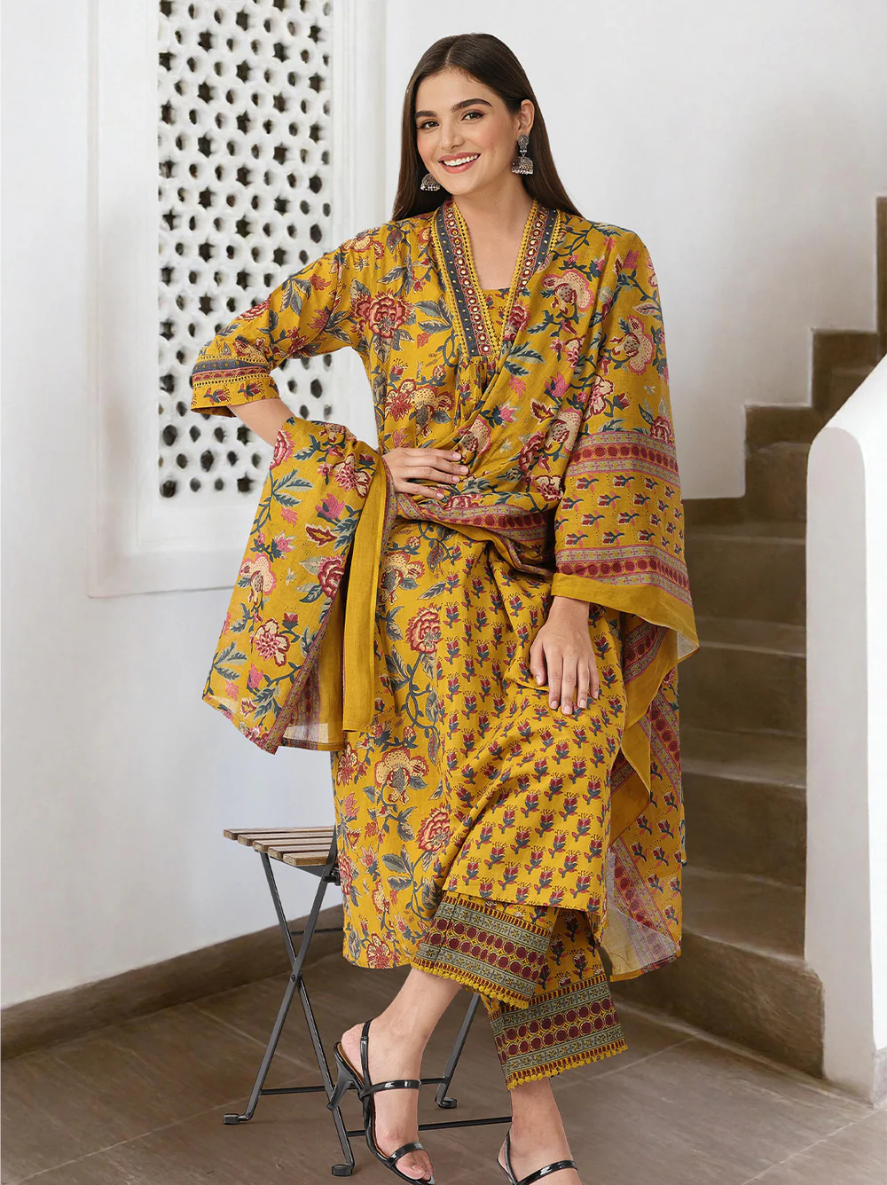 Comfy Mustard Pure Cotton Floral Print Anarkali fit kurta set with dupatta