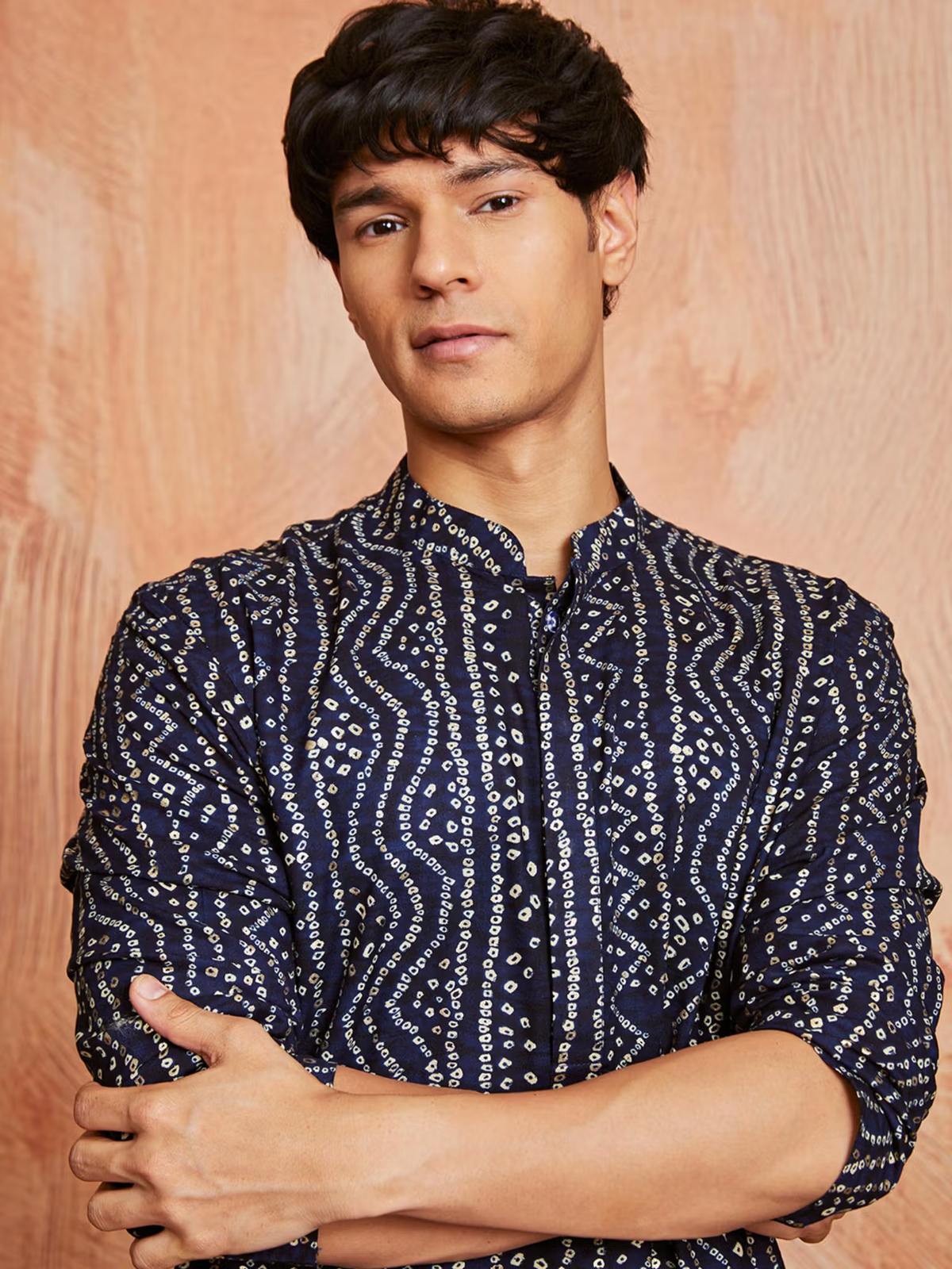 Men's Bandhani kurta set Canada navy blue bandhani kurta with white dotted waves and mandarin collar and rolled sleeves