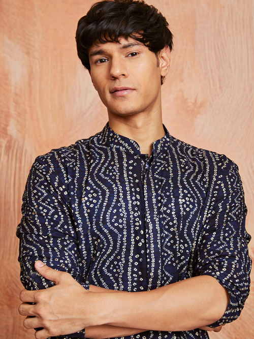 Men's Bandhani kurta set Canada navy blue bandhani kurta with white dotted waves and mandarin collar and rolled sleeves