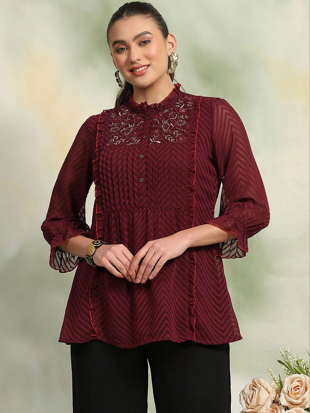 Women’s Maroon Georgette Kurti with Thread Work AROMIE.STORE