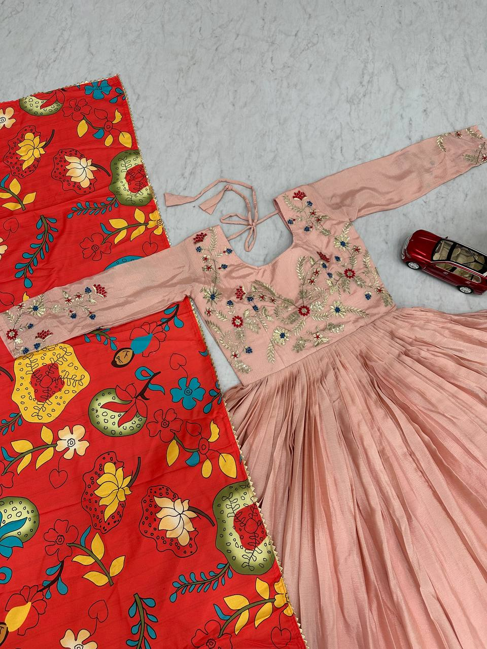 Chinon Sequins Embroidered Gown with Kalamkari Dupatta