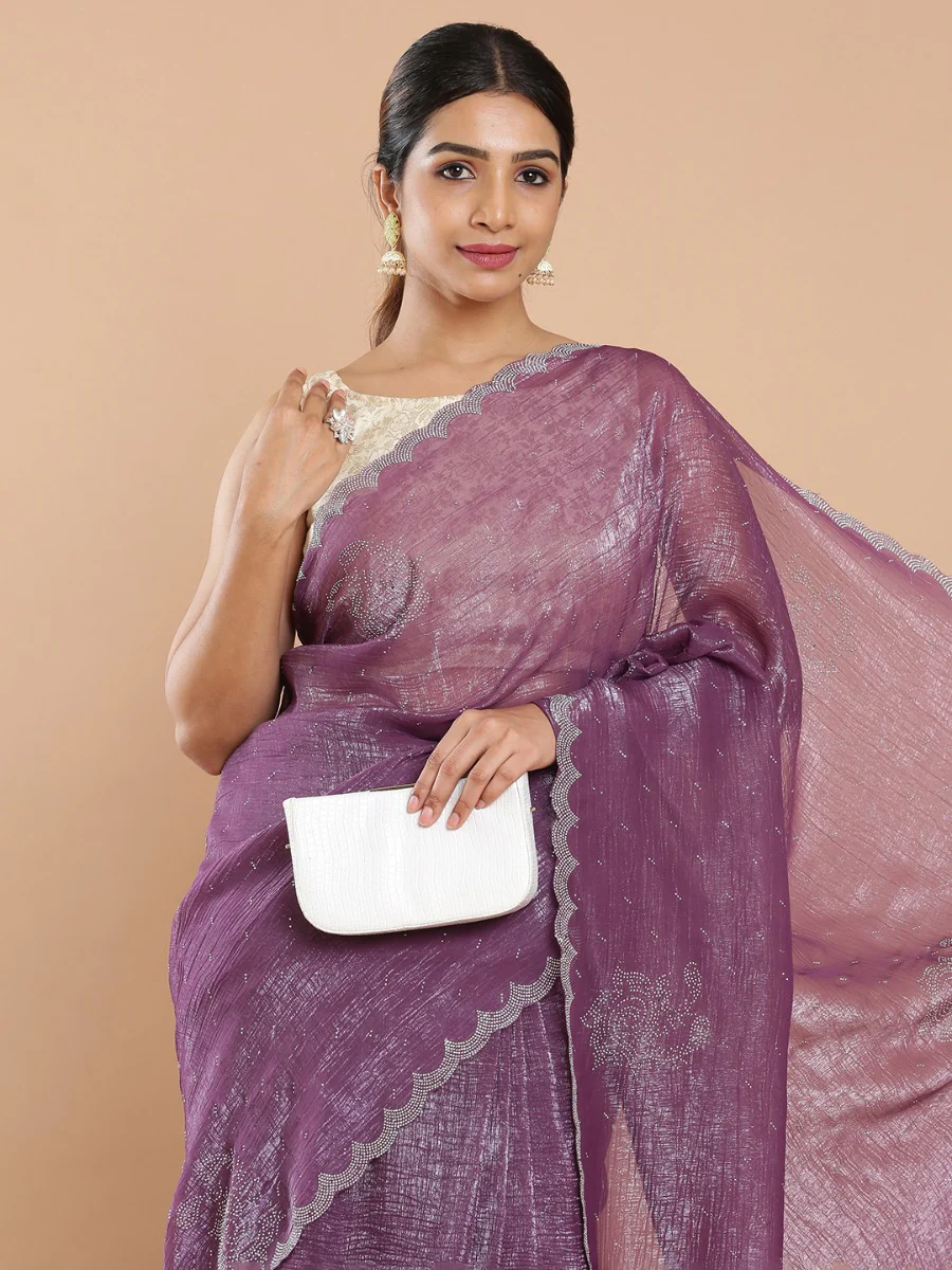 Shimmer Chiffon Dusty Grape Saree with Mini Stone Work