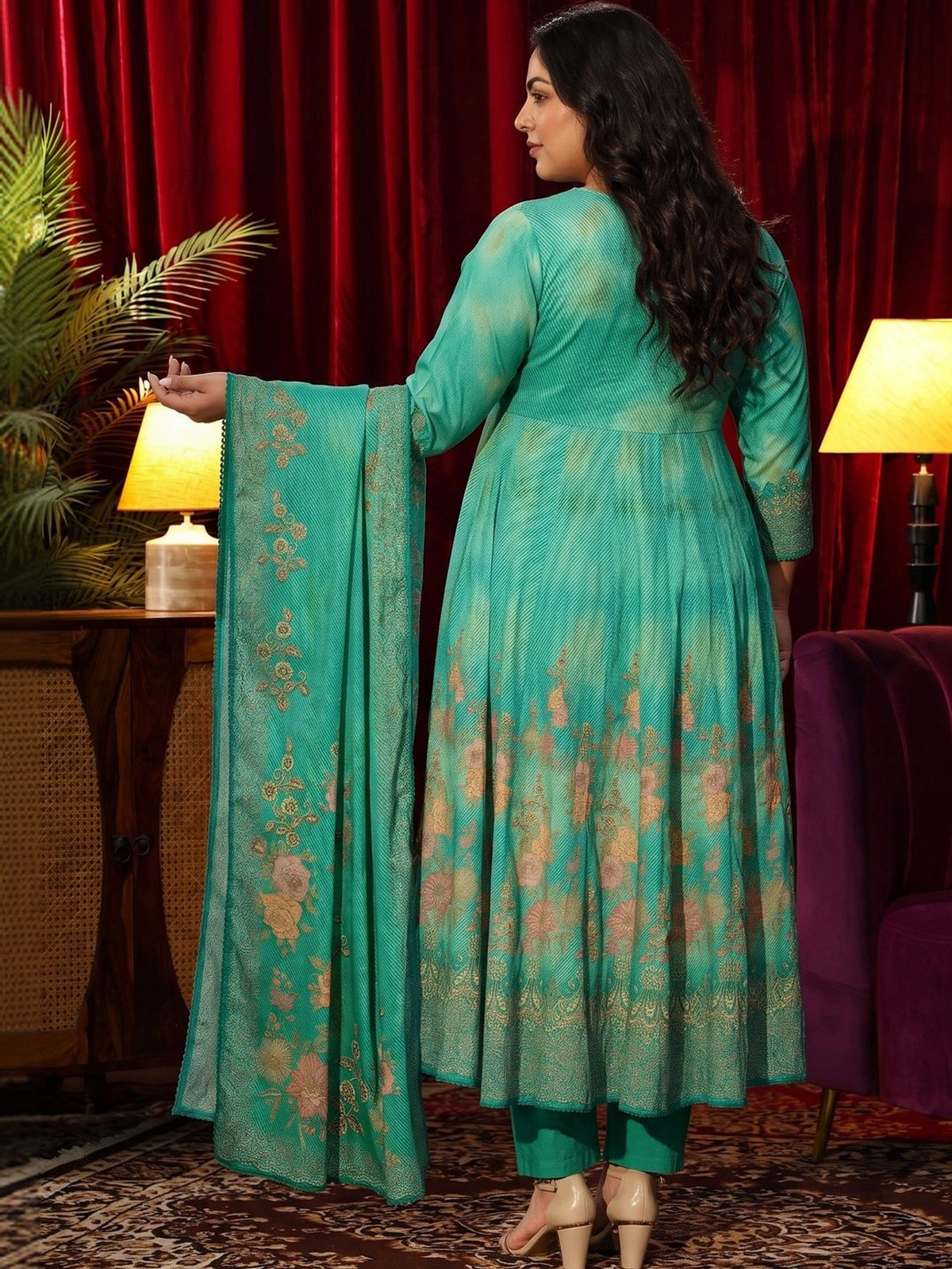 Green Printed Anarkali Kurta Set with Trousers & Dupatta aromie