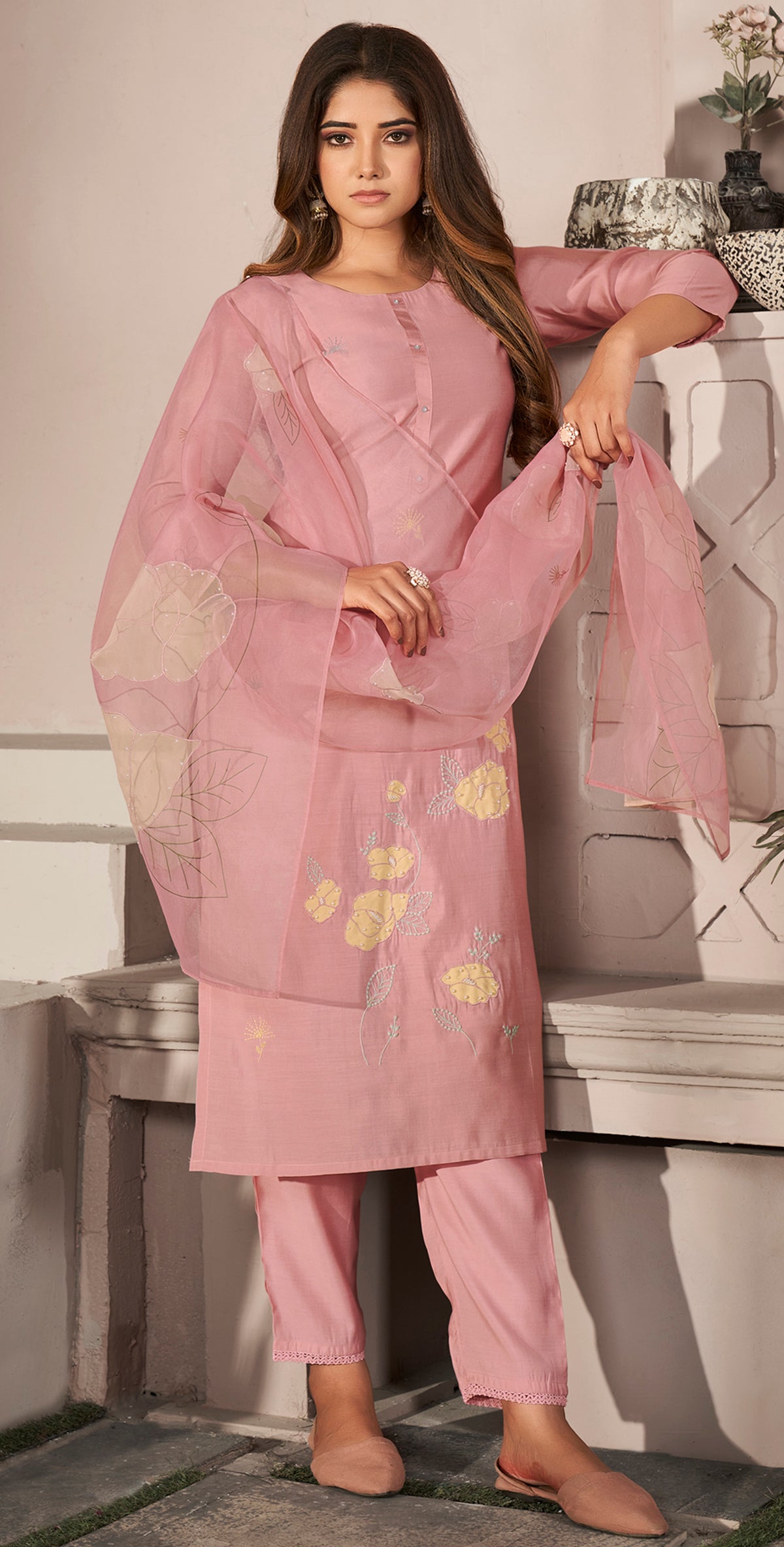 Pink Organza embordered Kurta Trouser Set with Dupatta