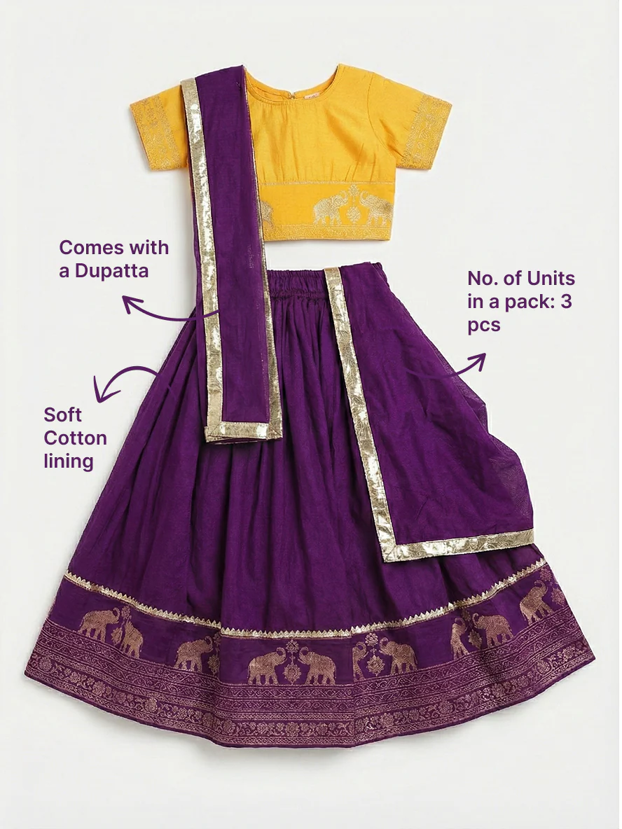 Purple Elephant Zari Embroidery Chanderi Cotton Lehenga with Stitched Yellow Blouse Set