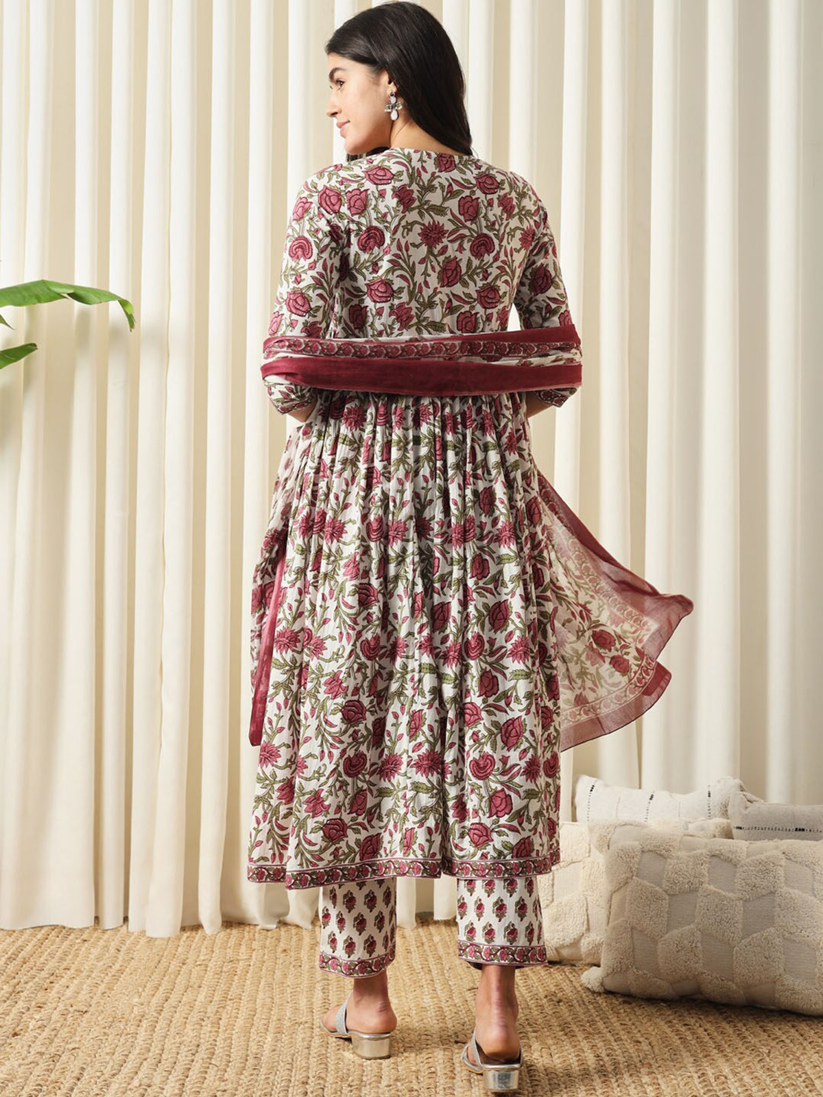 Floral Printed Pure Cotton Empire Kurta With Trouser & Dupatta
