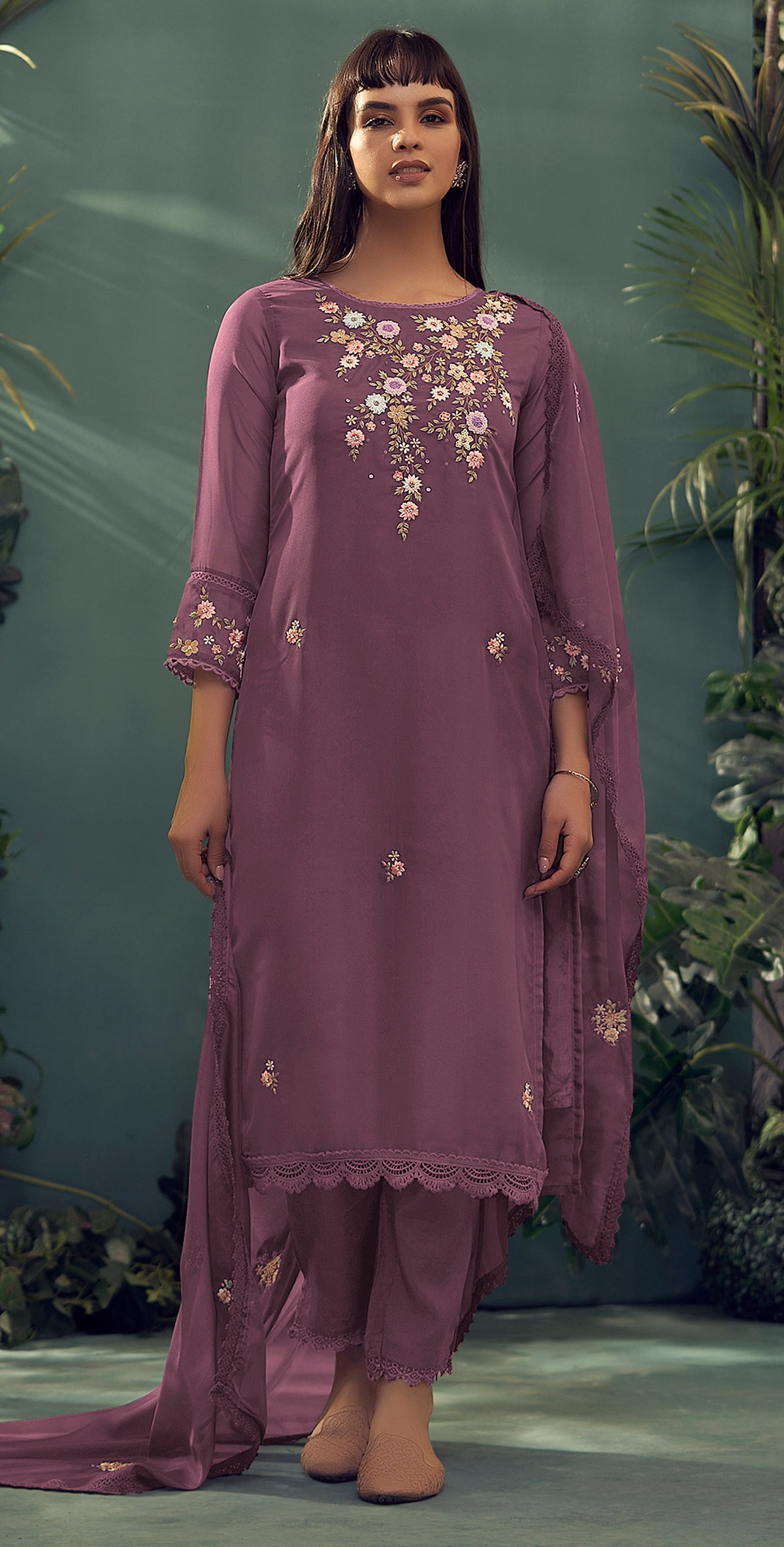 mauve embroidered organza  Kurta Set with Trousers & Dupatta