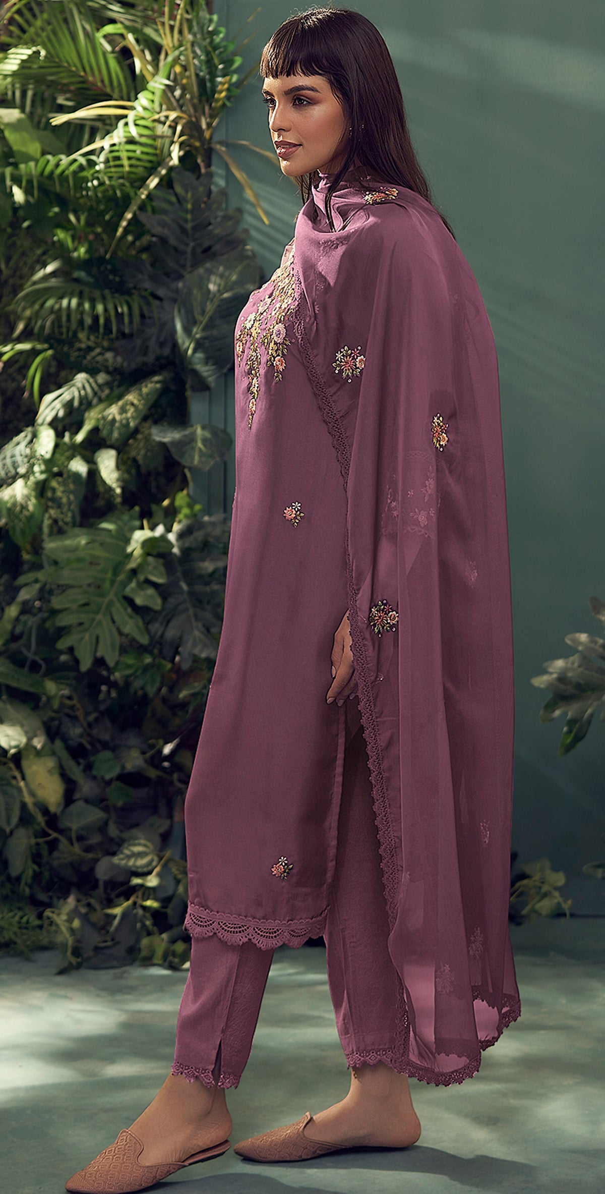 mauve embroidered organza  Kurta Set with Trousers & Dupatta