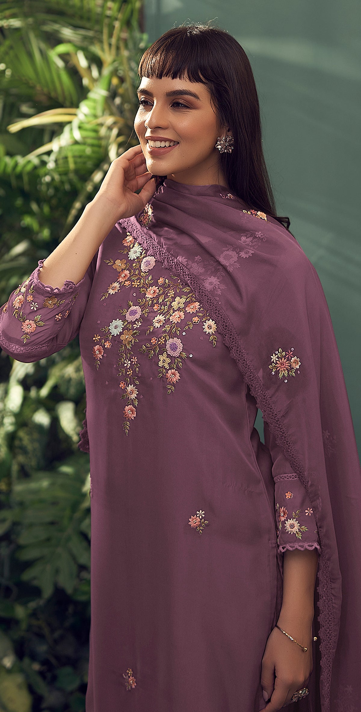 mauve embroidered organza  Kurta Set with Trousers & Dupatta