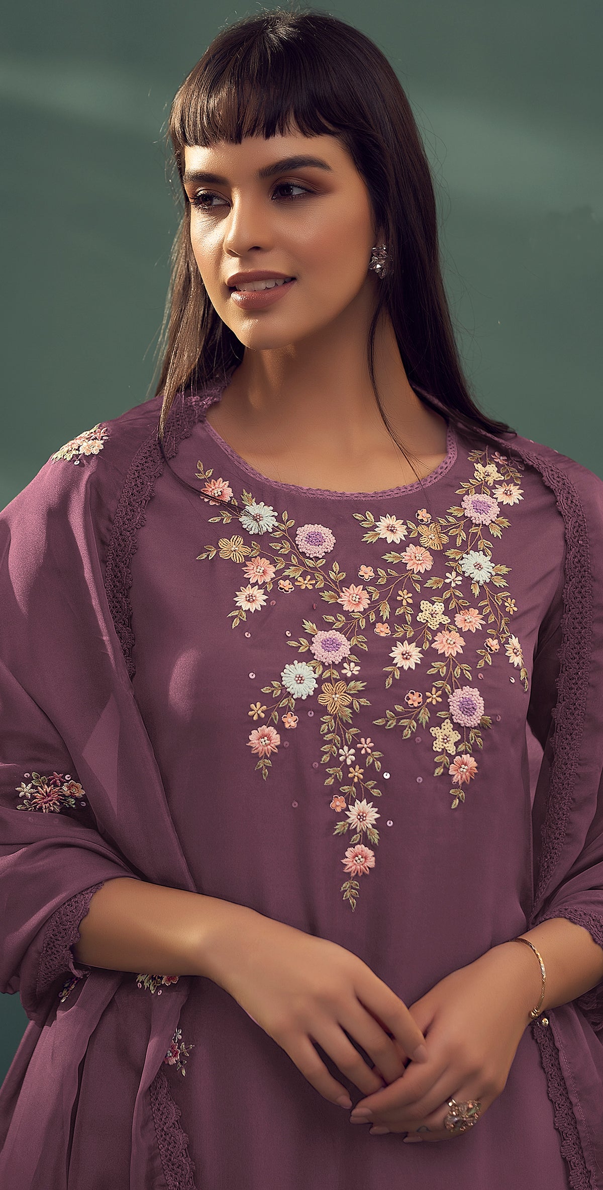 mauve embroidered organza  Kurta Set with Trousers & Dupatta