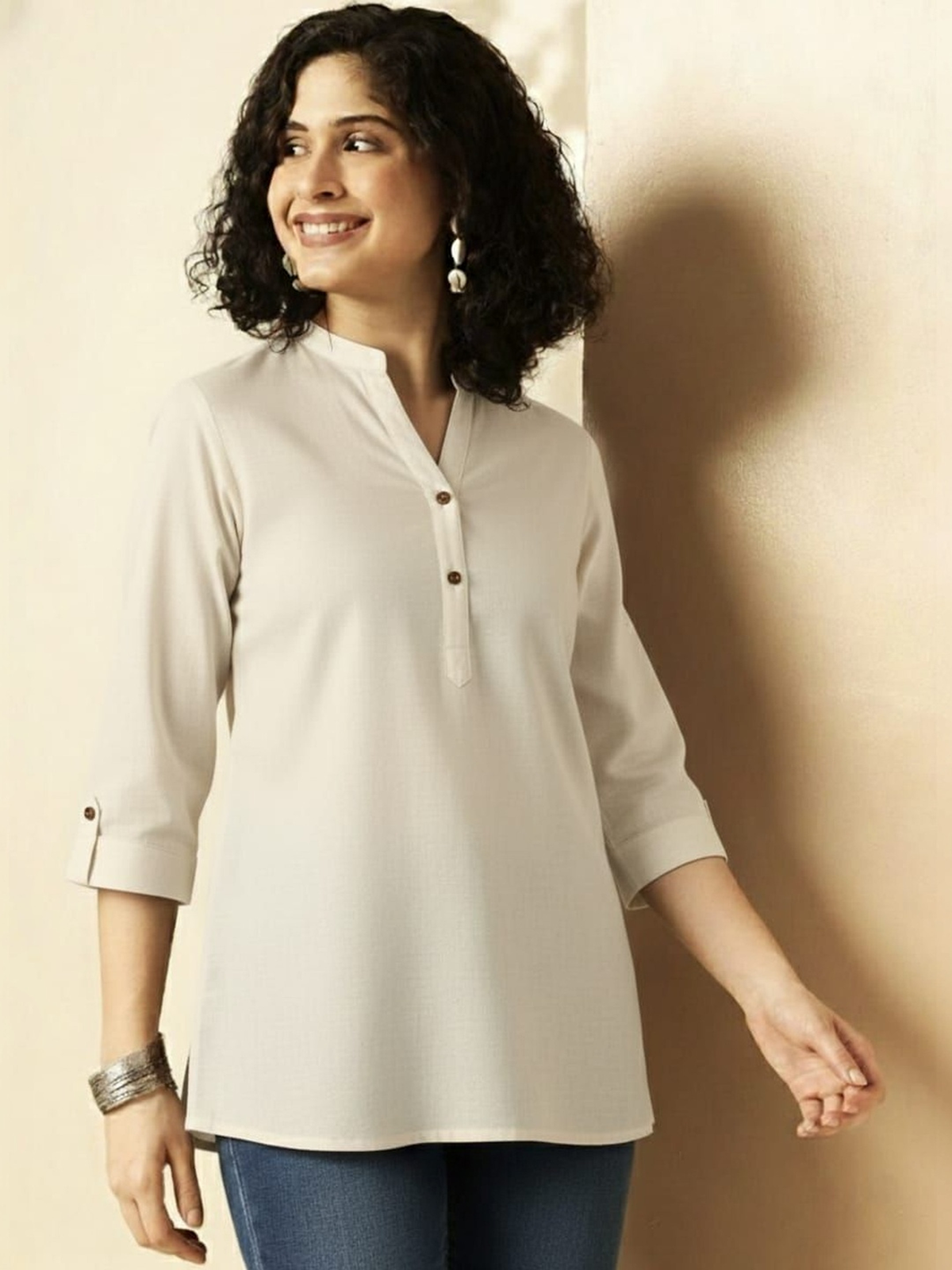 Women’s Beige Straight Kurti with Mandarin Collar AROMIE.STORE