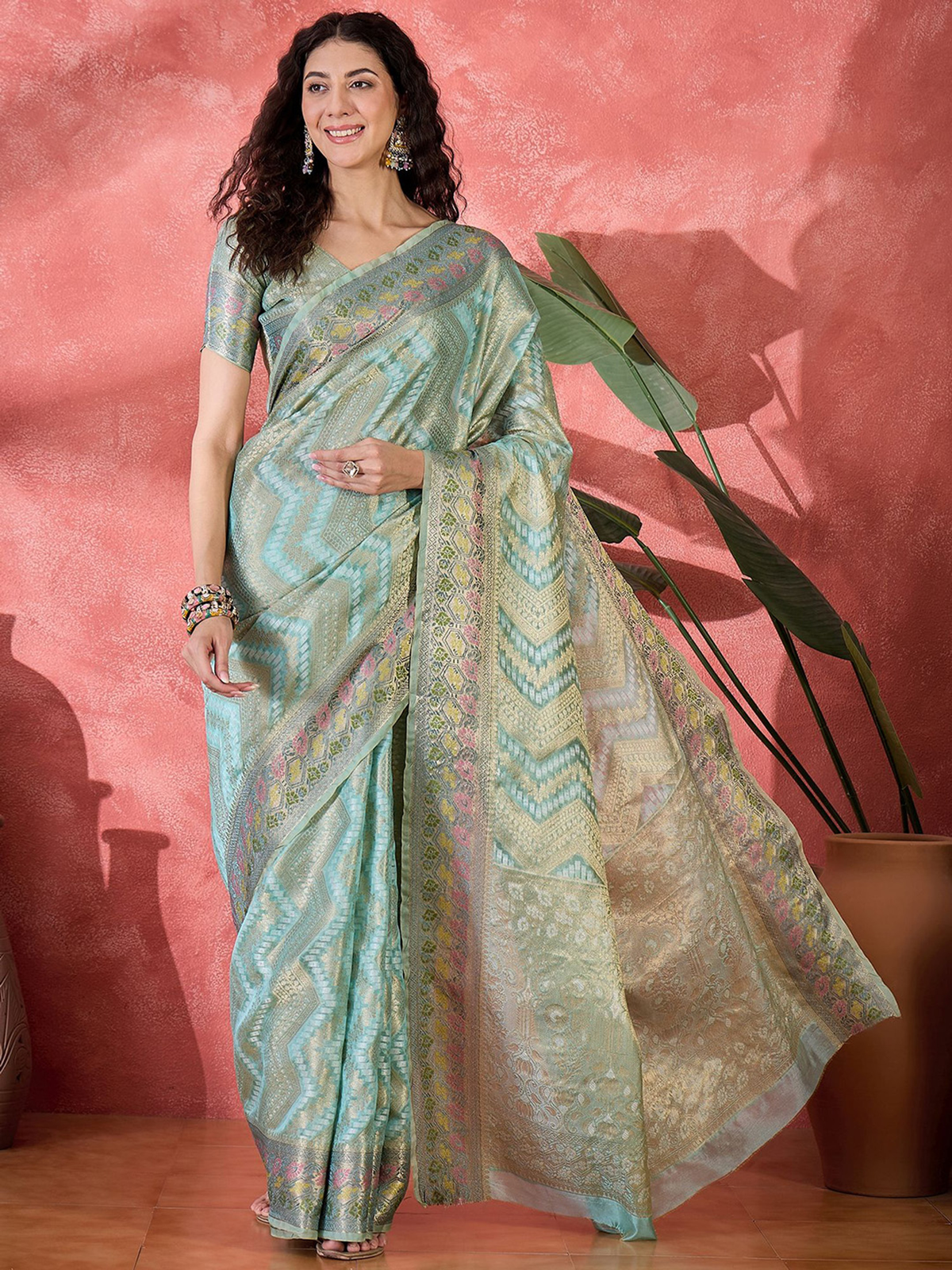 Blue Silk Blend Saree with Ethnic Motif Weave & Zari Detail
