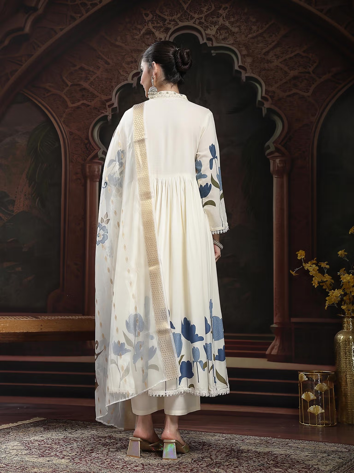 Off-White Printed A-Line Kurta Trouser Set with Dupatta