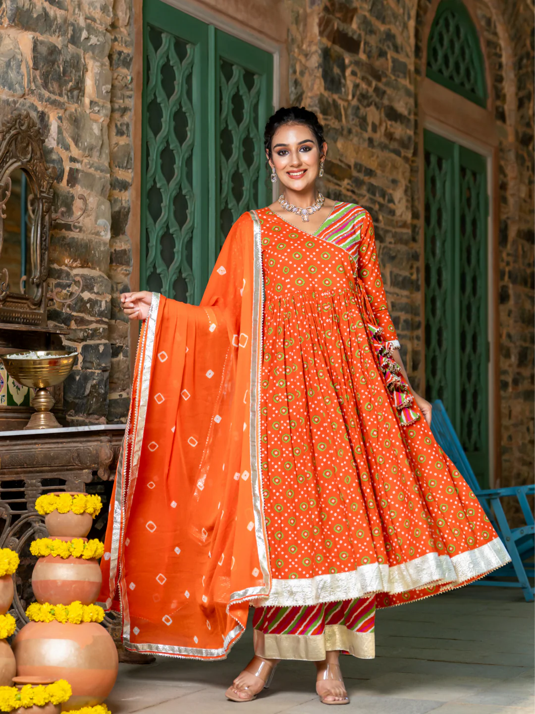 Orange Cotton Festive Suit Set with Palazzo & Dupatta