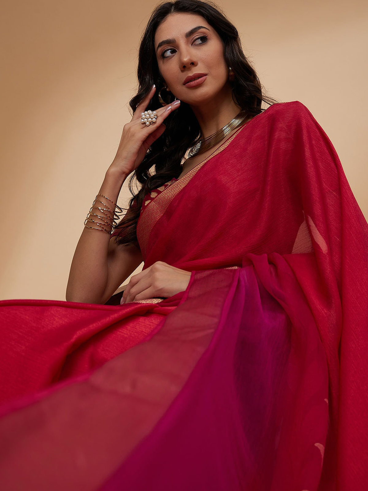 Pink Floral Woven Design Zari Detailed Pure Chiffon Saree aromie