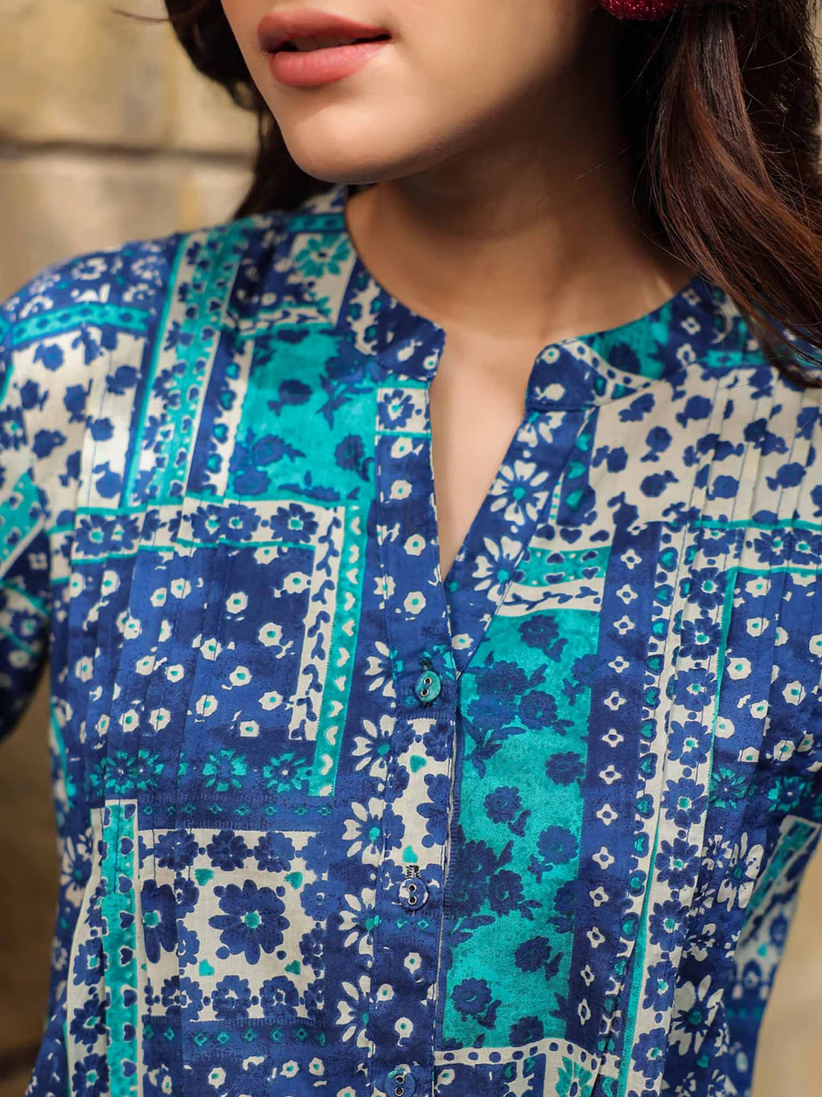 Aromie blue floral patchwork fusion wear upper with mandarin collar and button placket Indian jumpsuit for women