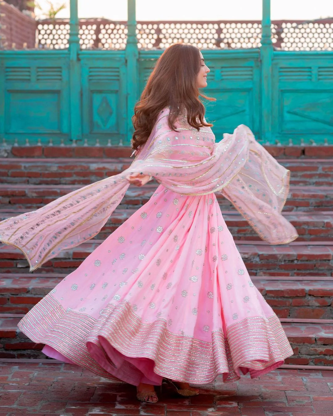 Mahika Pink Chiffon Anarkali Suit Set with Handwork Detailing