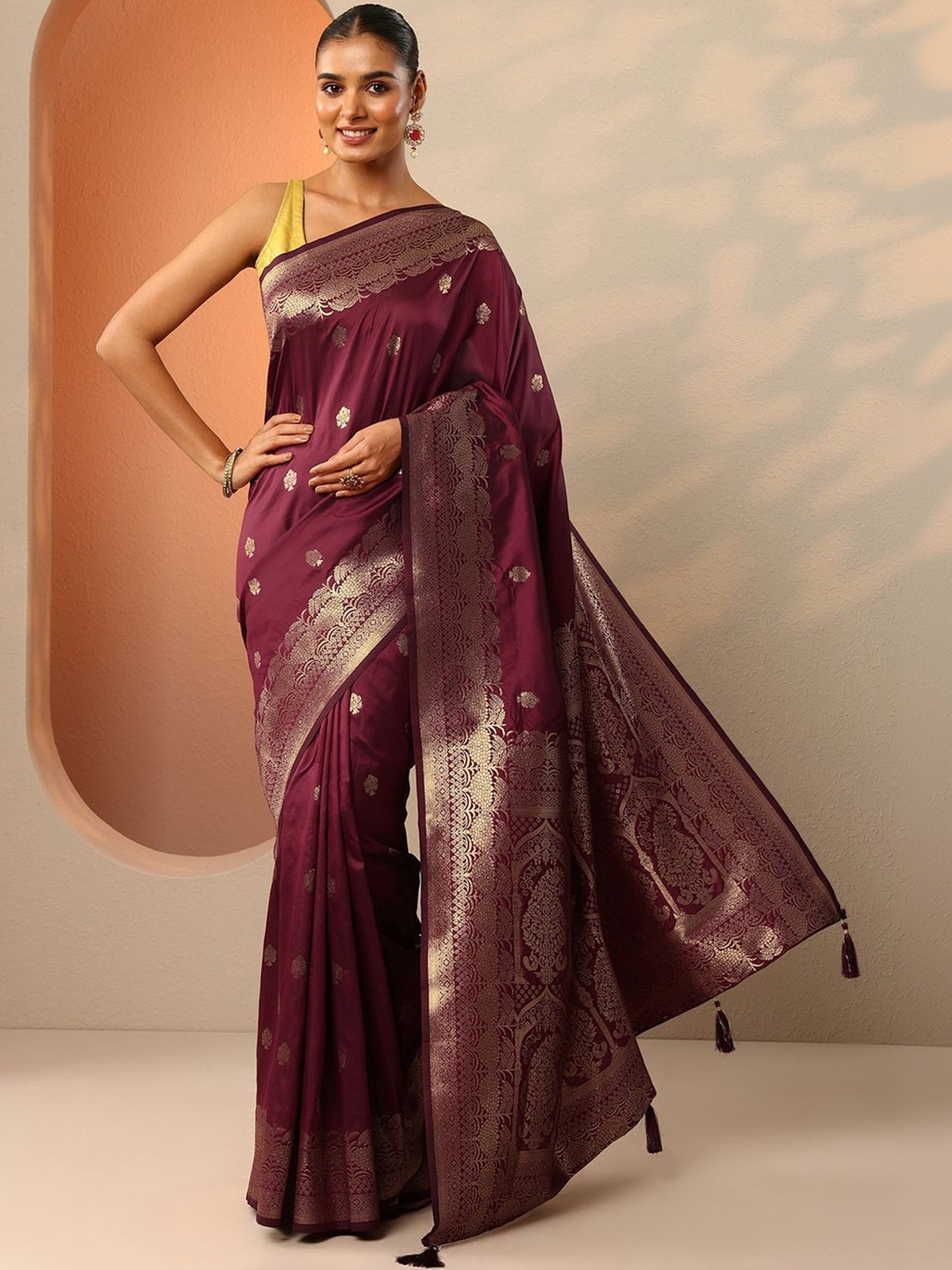 Maroon Banarasi Silk Blend Saree with Woven Ethnic Motifs aromie