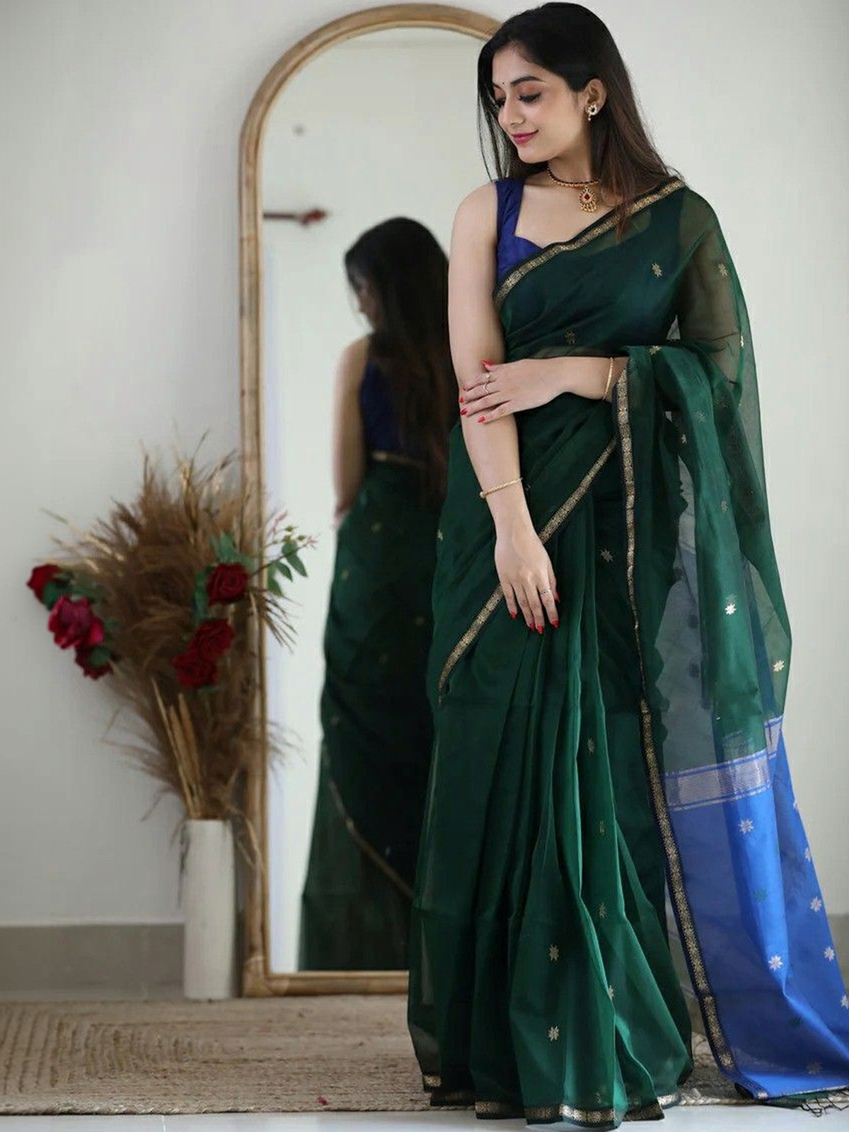 Navy Blue Solid Ready-to-Wear Saree with U-Neck Blouse