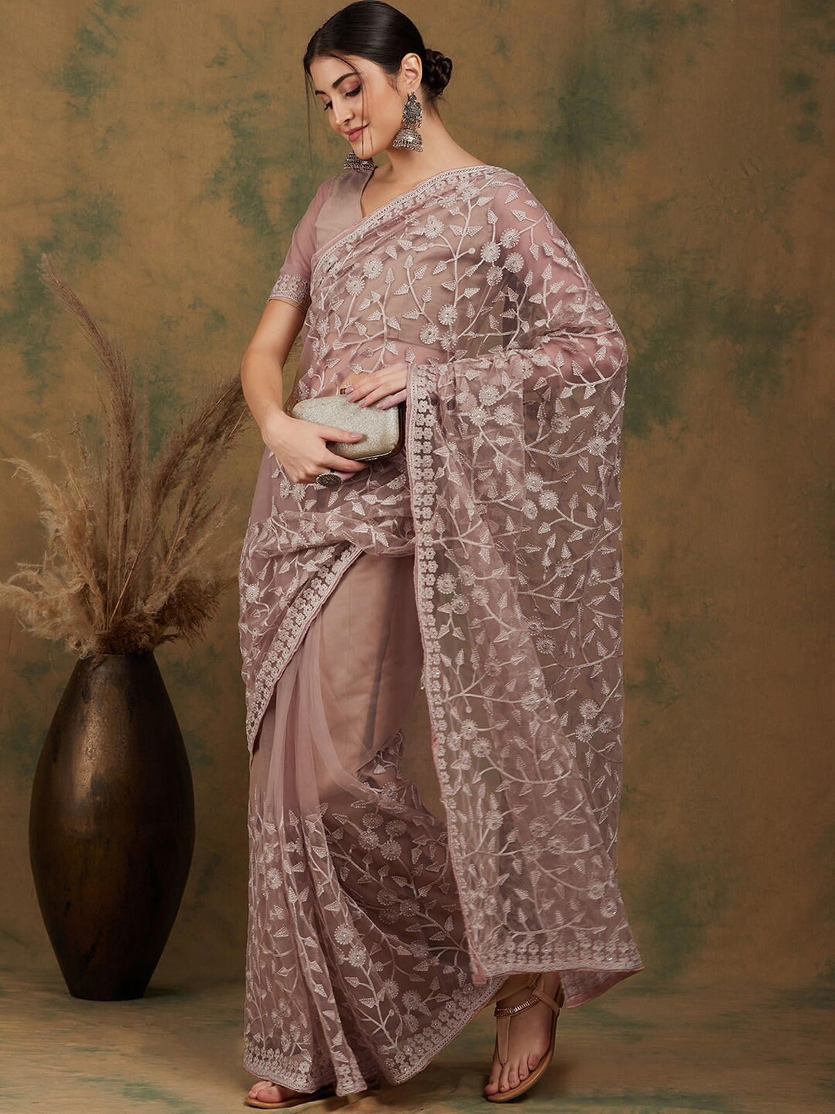 Beige Floral Embroidered Net Saree with Lace Border & Blouse Piece